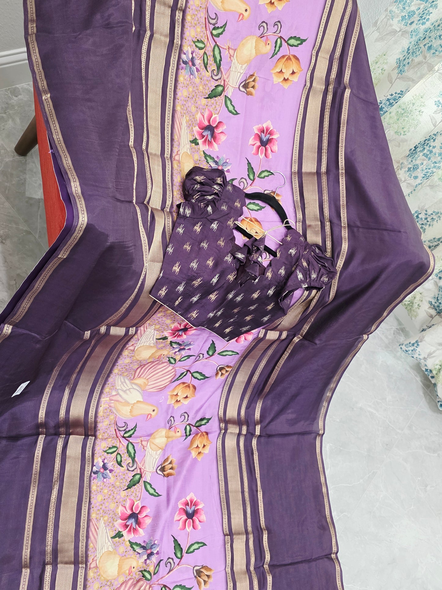 Royal Plum Lavender Floral Soft Crepe Silk Saree with Puff Sleeve Blouse