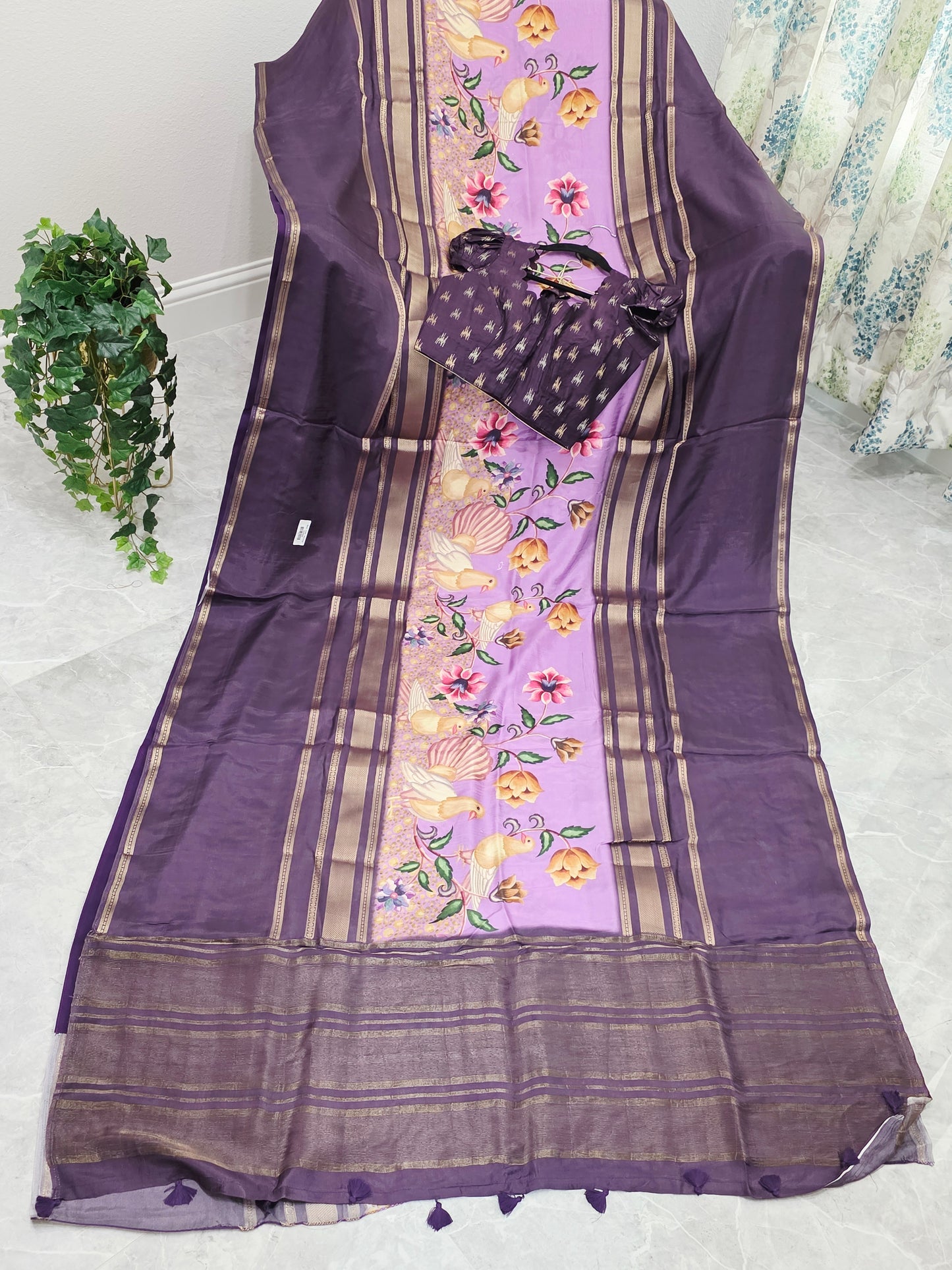Royal Plum Lavender Floral Soft Crepe Silk Saree with Puff Sleeve Blouse