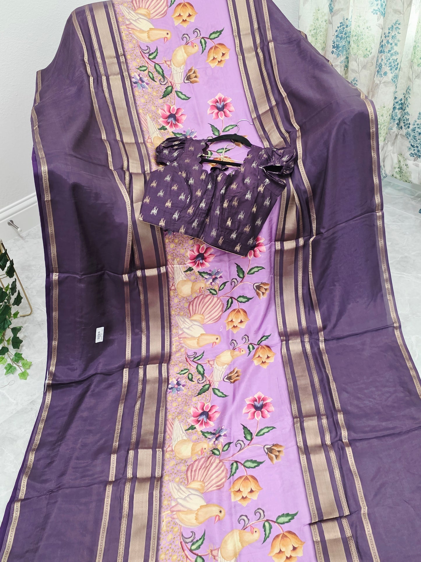 Royal Plum Lavender Floral Soft Crepe Silk Saree with Puff Sleeve Blouse