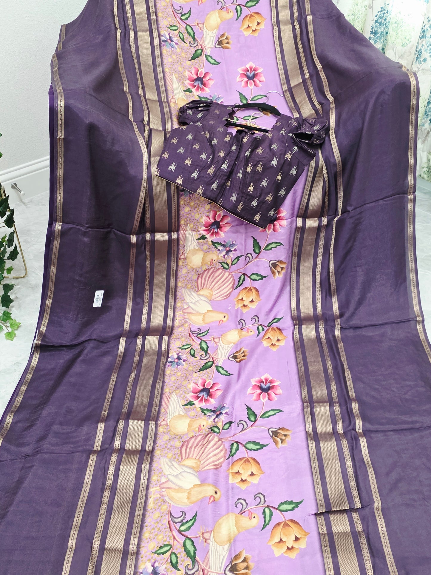 Royal Plum Lavender Floral Soft Crepe Silk Saree with Puff Sleeve Blouse
