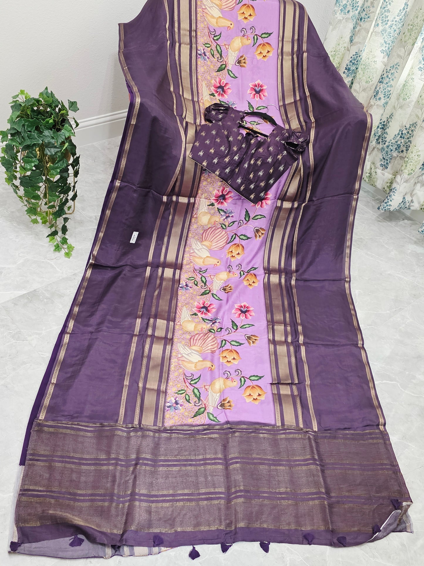 Royal Plum Lavender Floral Soft Crepe Silk Saree with Puff Sleeve Blouse
