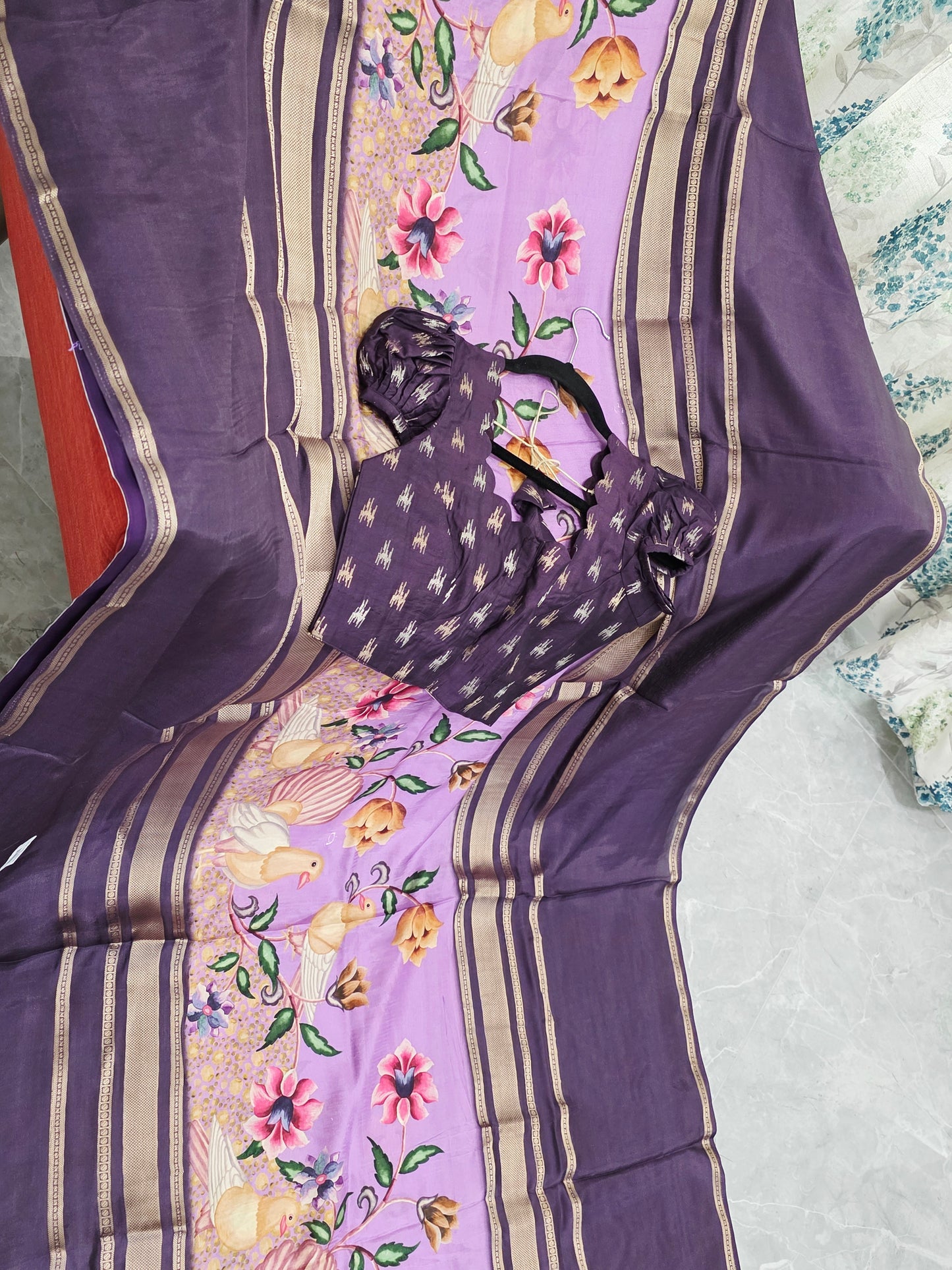 Royal Plum Lavender Floral Soft Crepe Silk Saree with Puff Sleeve Blouse