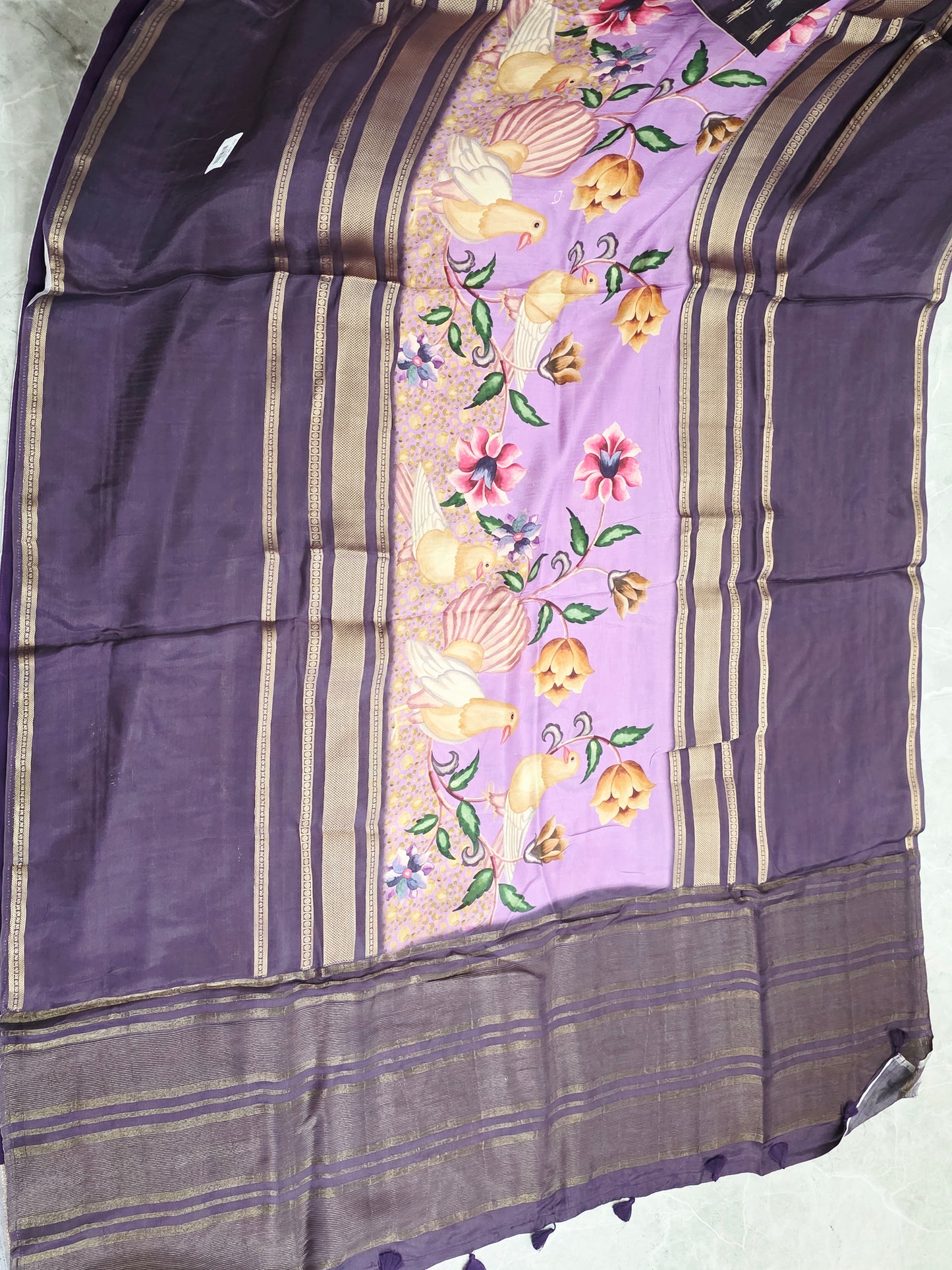 Royal Plum Lavender Floral Soft Crepe Silk Saree with Puff Sleeve Blouse