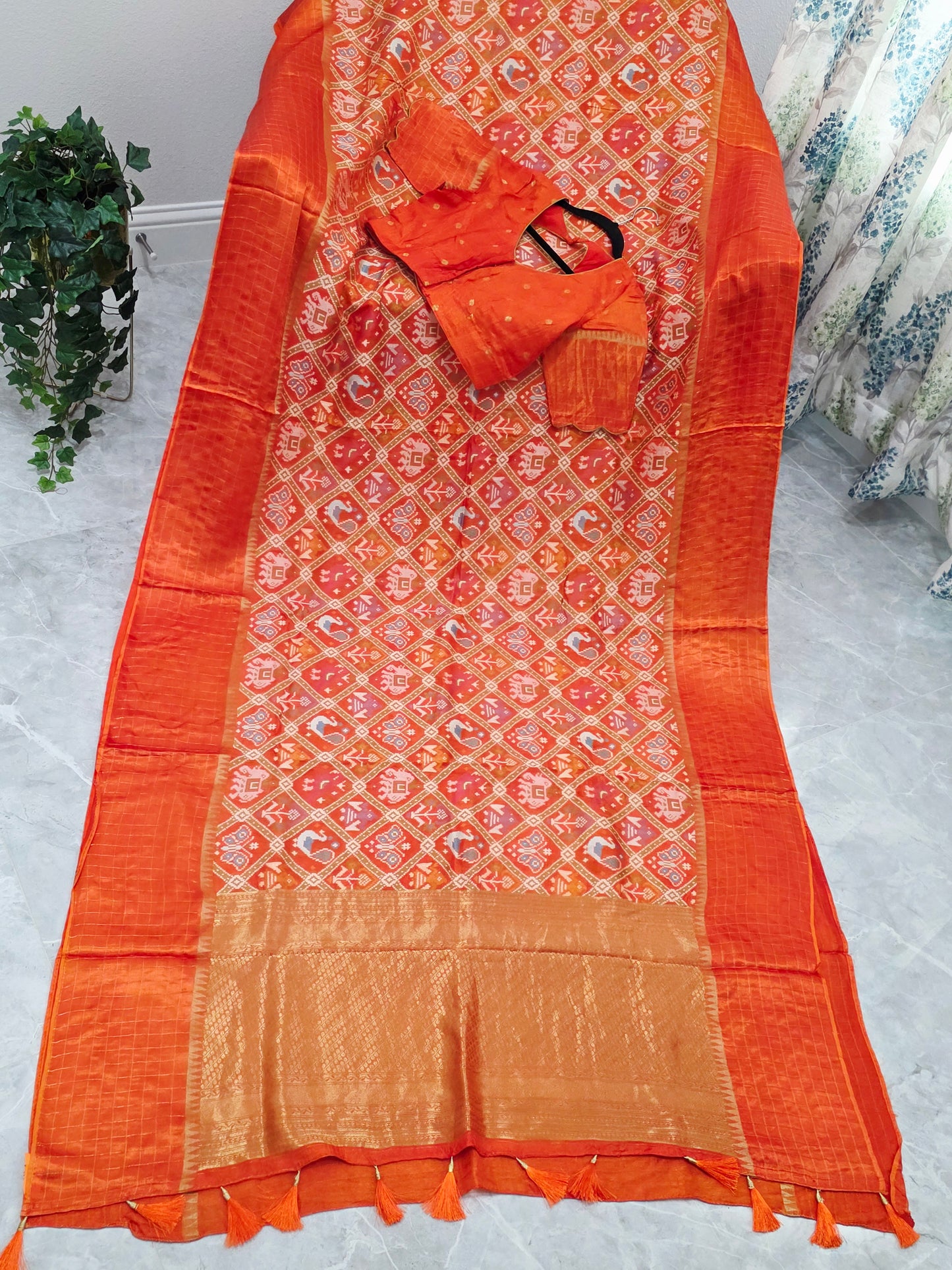 Burnt Orange Benarasi Crepe Silk Patola Designer Saree with Stitched Blouse