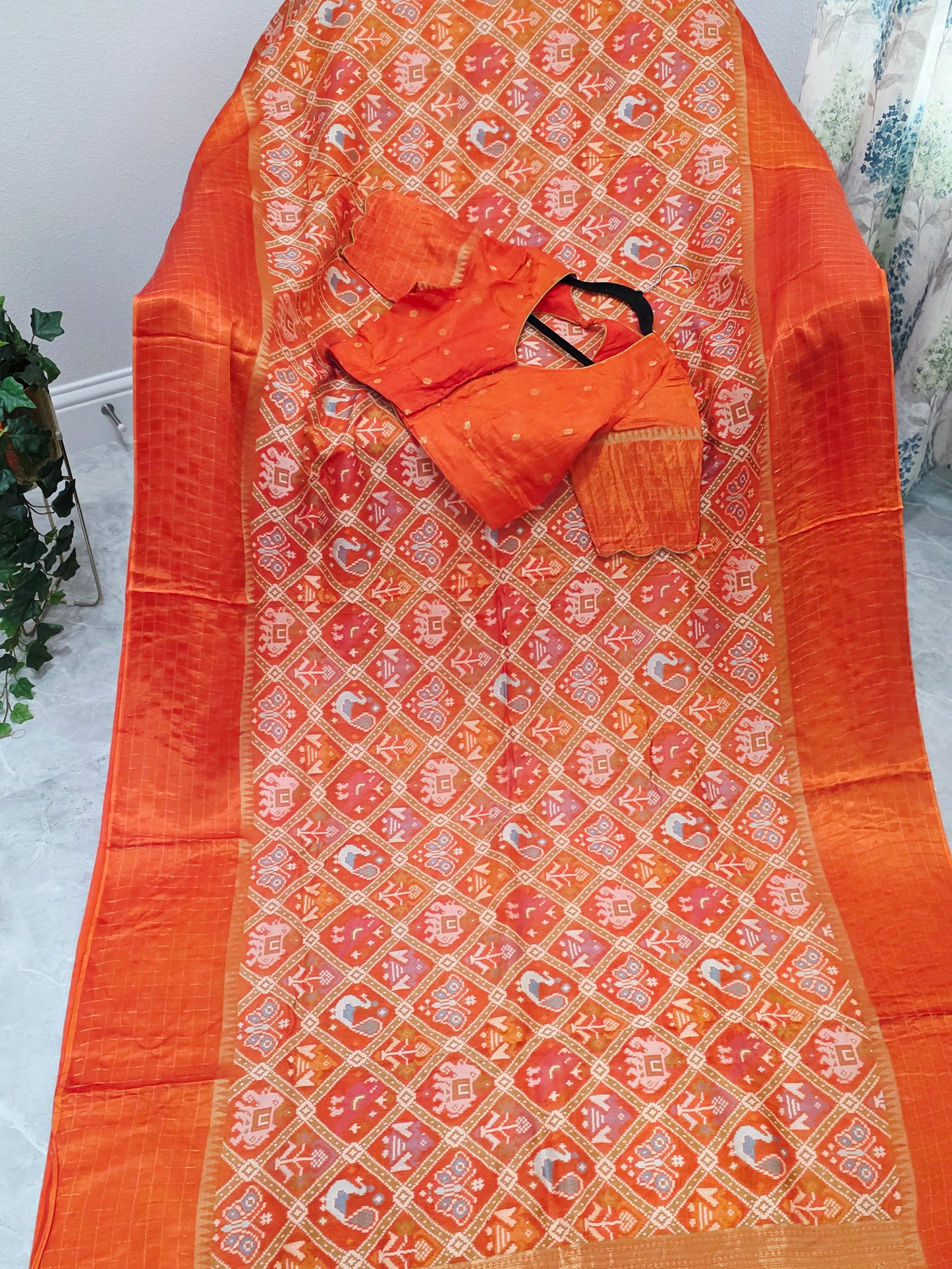 Burnt Orange Benarasi Crepe Silk Patola Designer Saree with Stitched Blouse