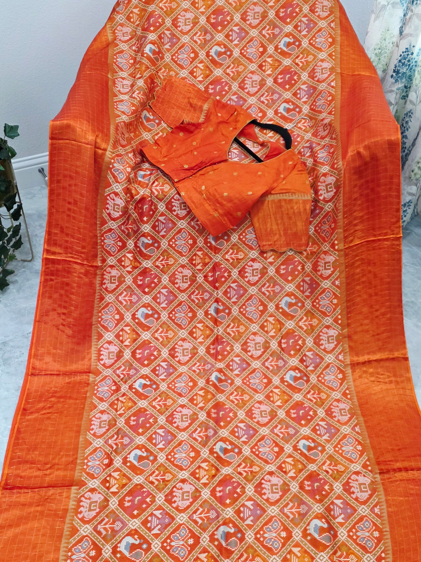 Burnt Orange Benarasi Crepe Silk Patola Designer Saree with Stitched Blouse