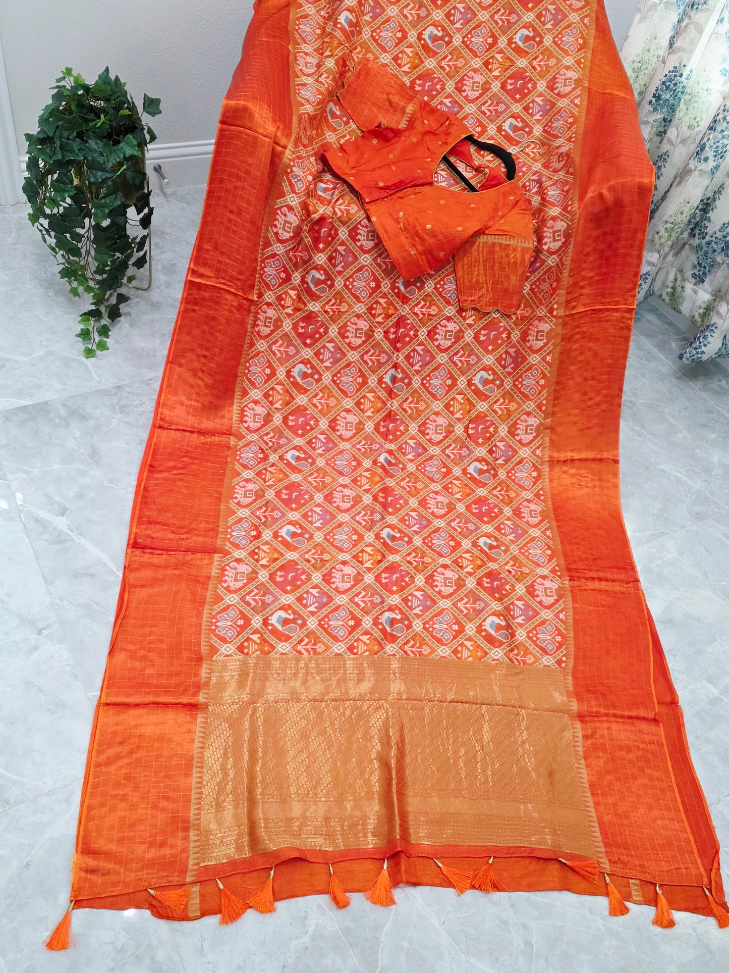 Burnt Orange Benarasi Crepe Silk Patola Designer Saree with Stitched Blouse