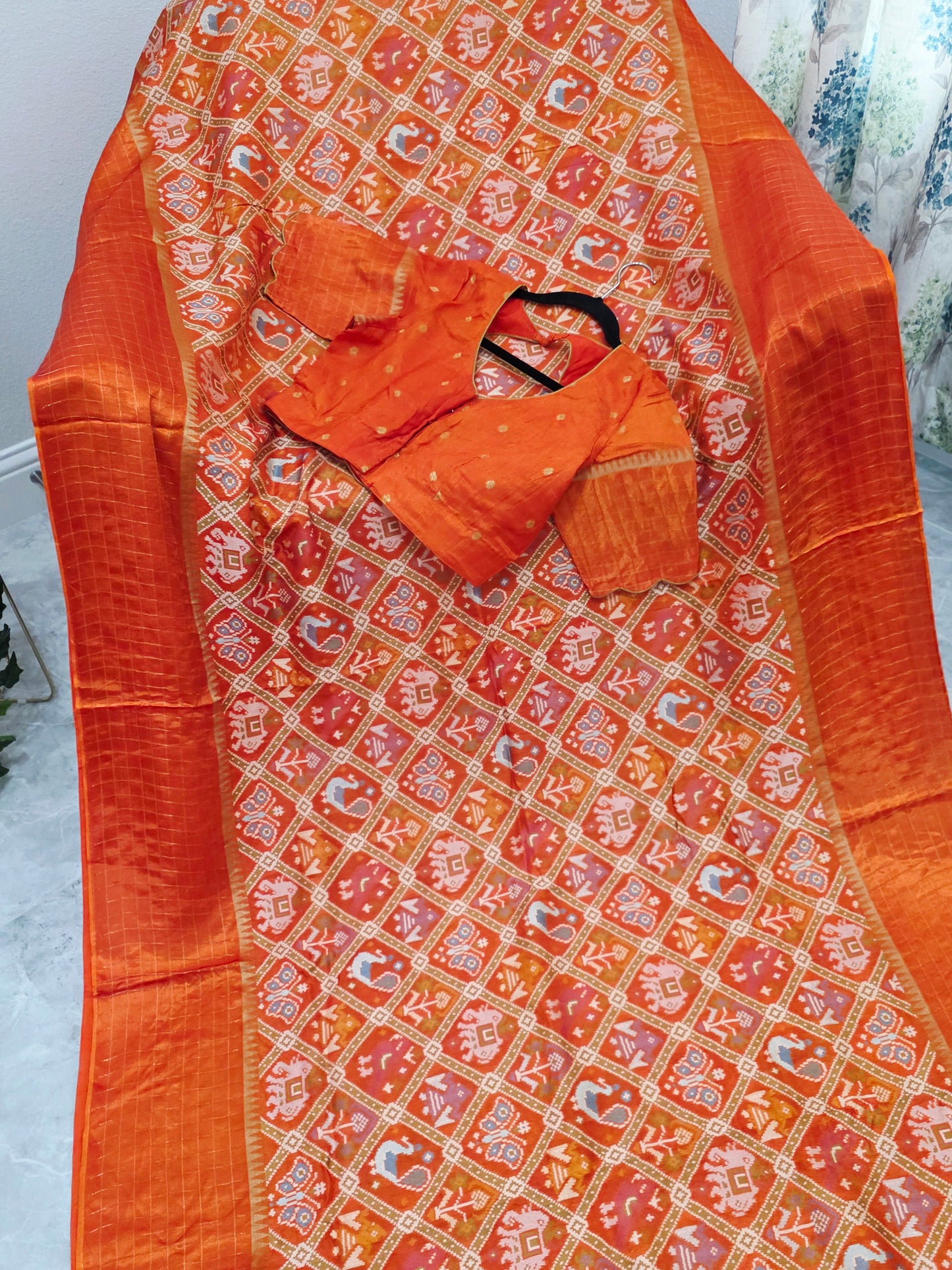 Burnt Orange Benarasi Crepe Silk Patola Designer Saree with Stitched Blouse