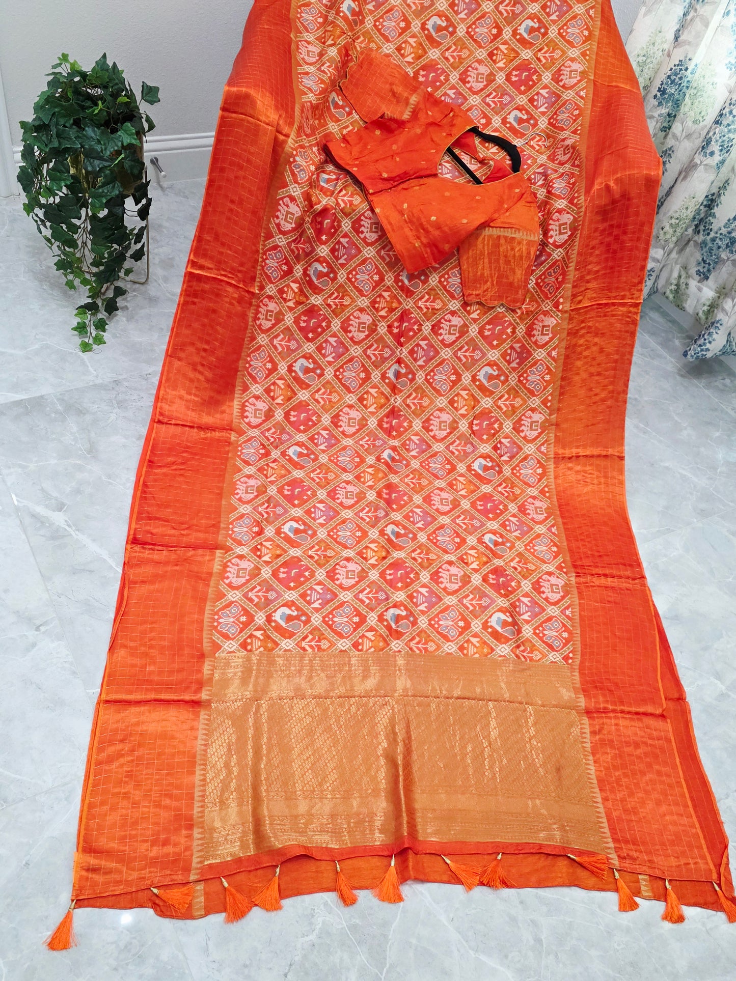Burnt Orange Benarasi Crepe Silk Patola Designer Saree with Stitched Blouse