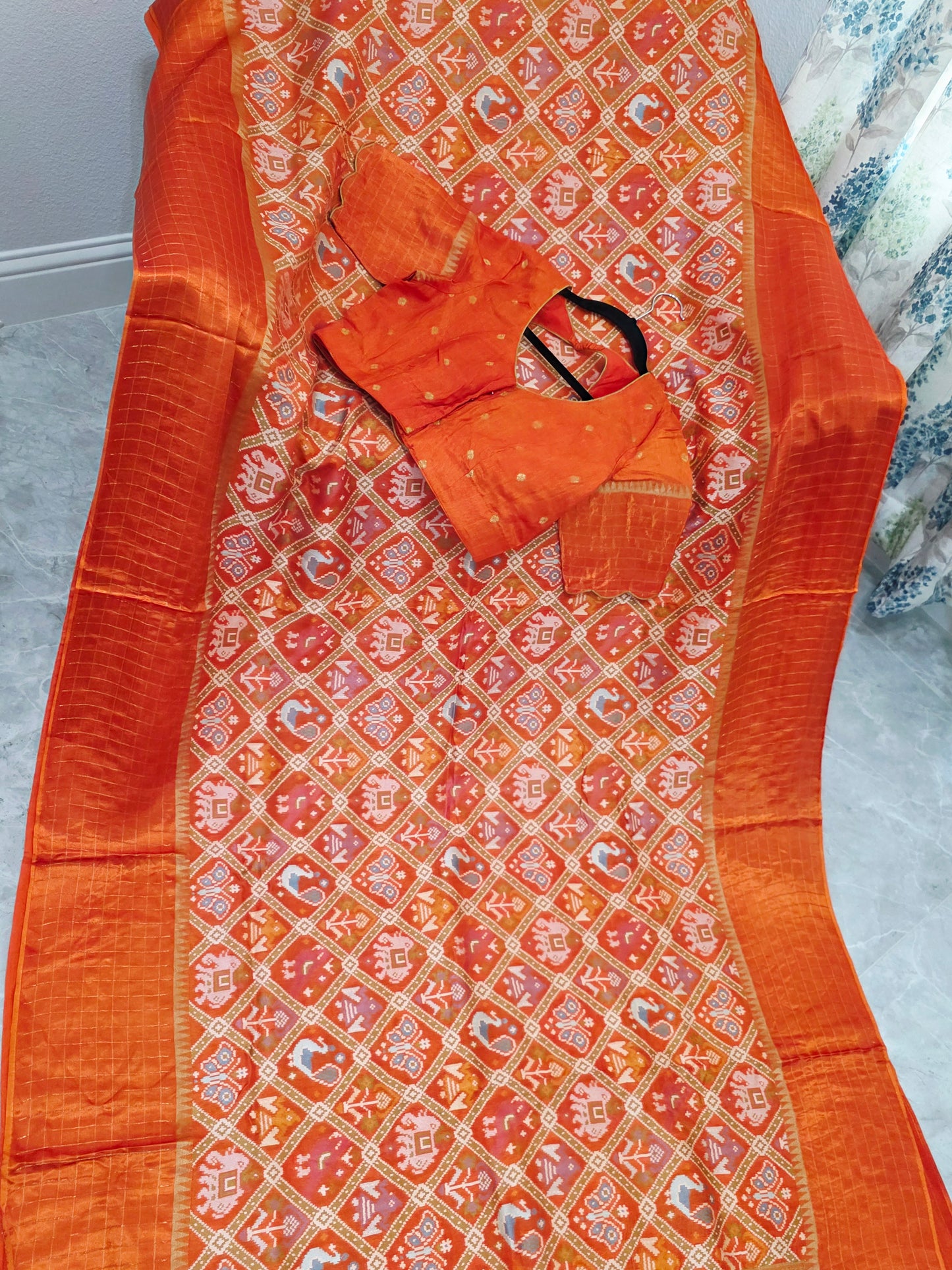 Burnt Orange Benarasi Crepe Silk Patola Designer Saree with Stitched Blouse