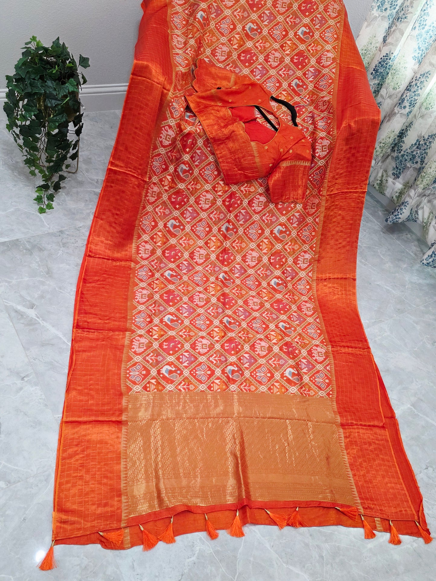 Burnt Orange Benarasi Crepe Silk Patola Designer Saree with Stitched Blouse