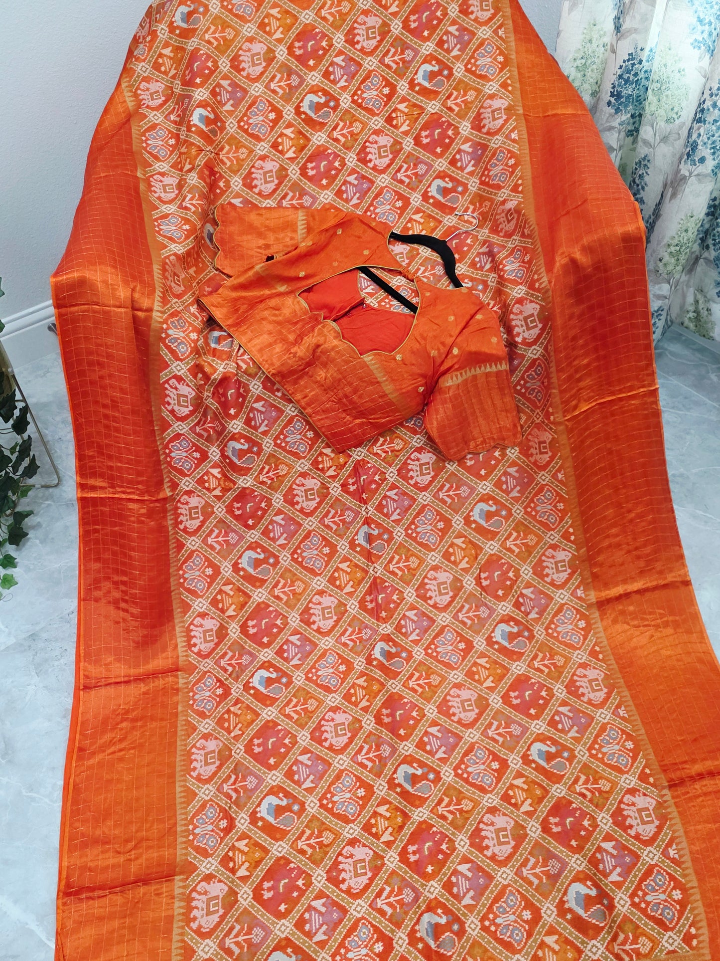 Burnt Orange Benarasi Crepe Silk Patola Designer Saree with Stitched Blouse