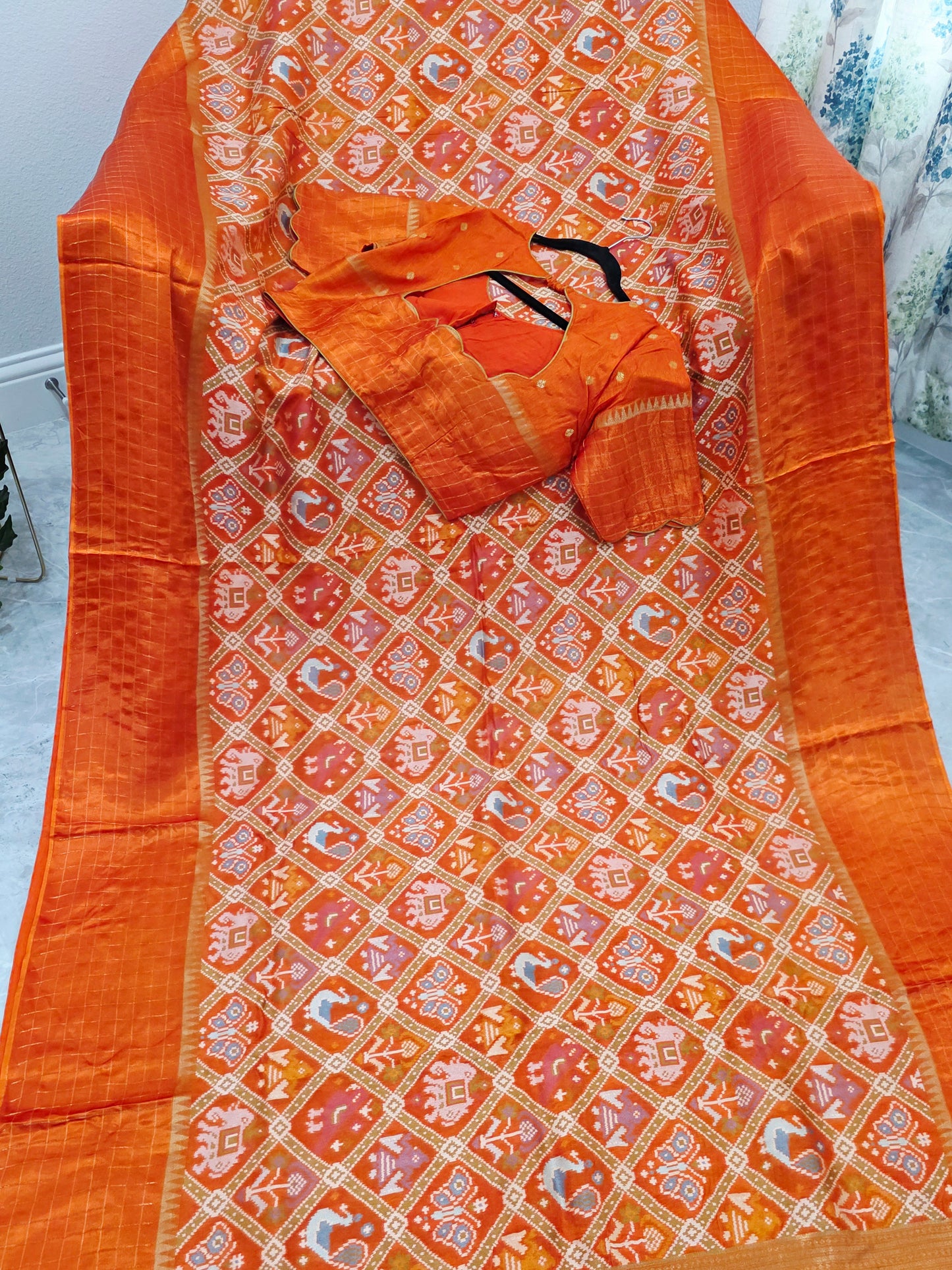 Burnt Orange Benarasi Crepe Silk Patola Designer Saree with Stitched Blouse