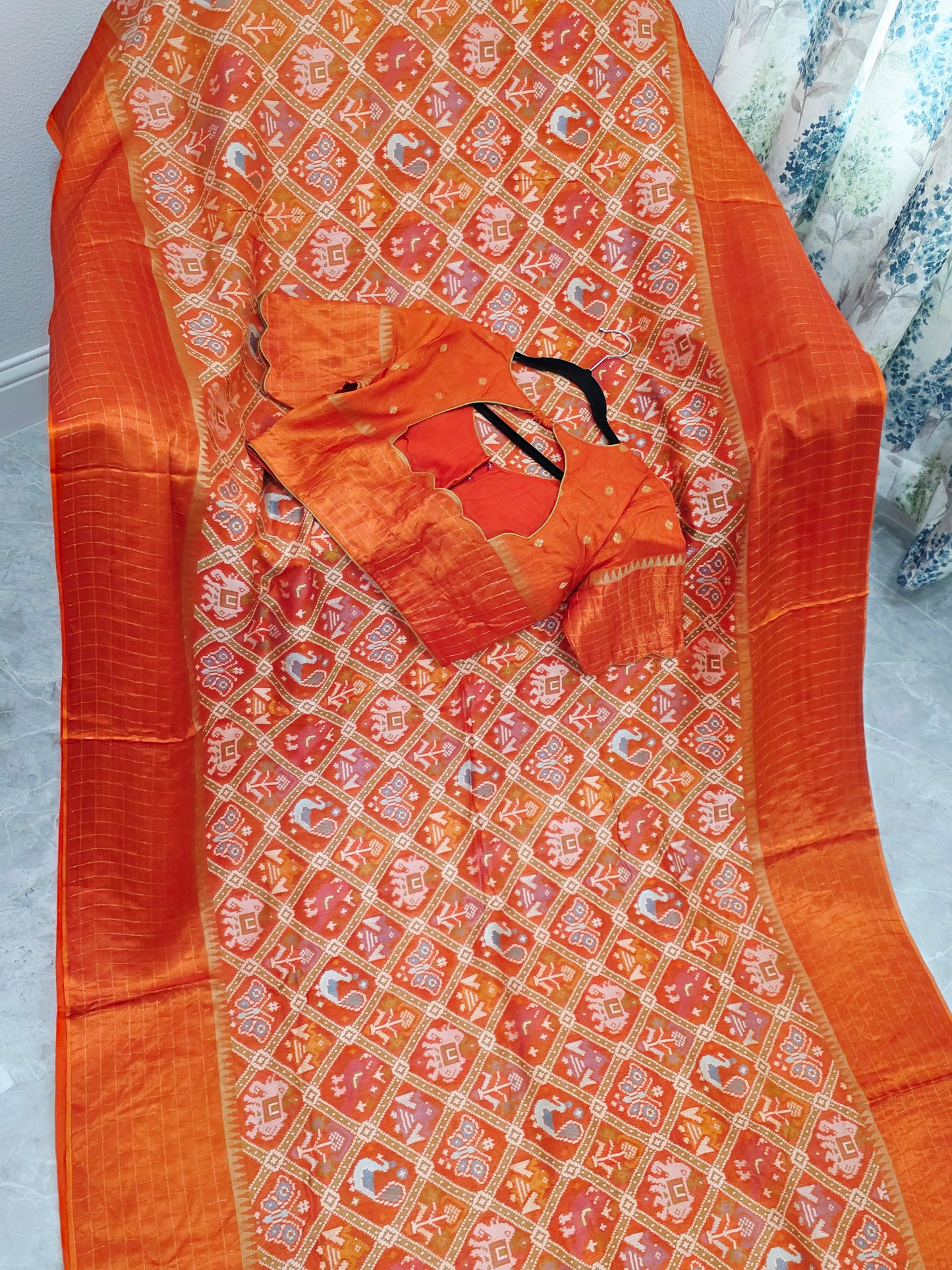 Burnt Orange Benarasi Crepe Silk Patola Designer Saree with Stitched Blouse