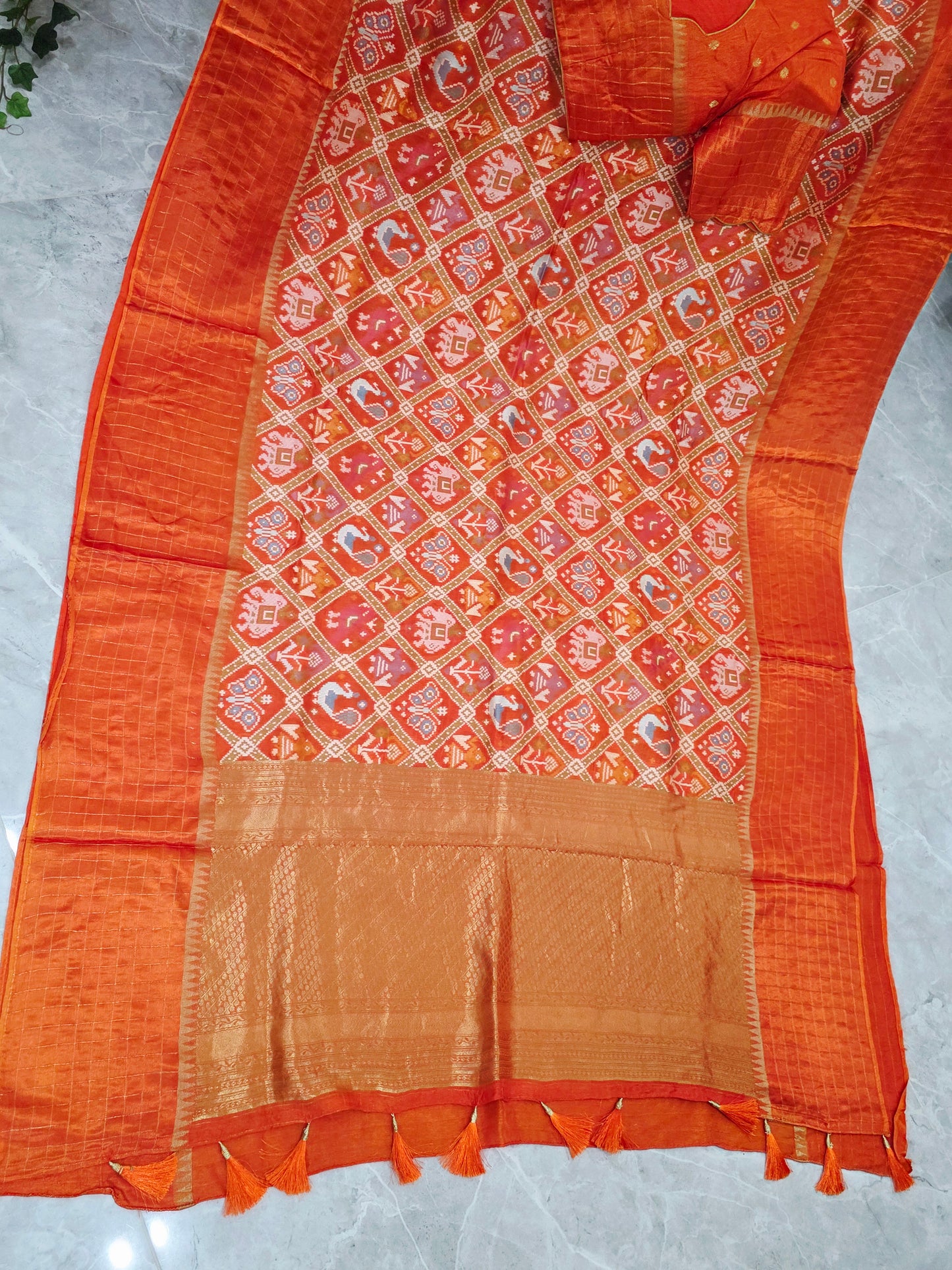 Burnt Orange Benarasi Crepe Silk Patola Designer Saree with Stitched Blouse