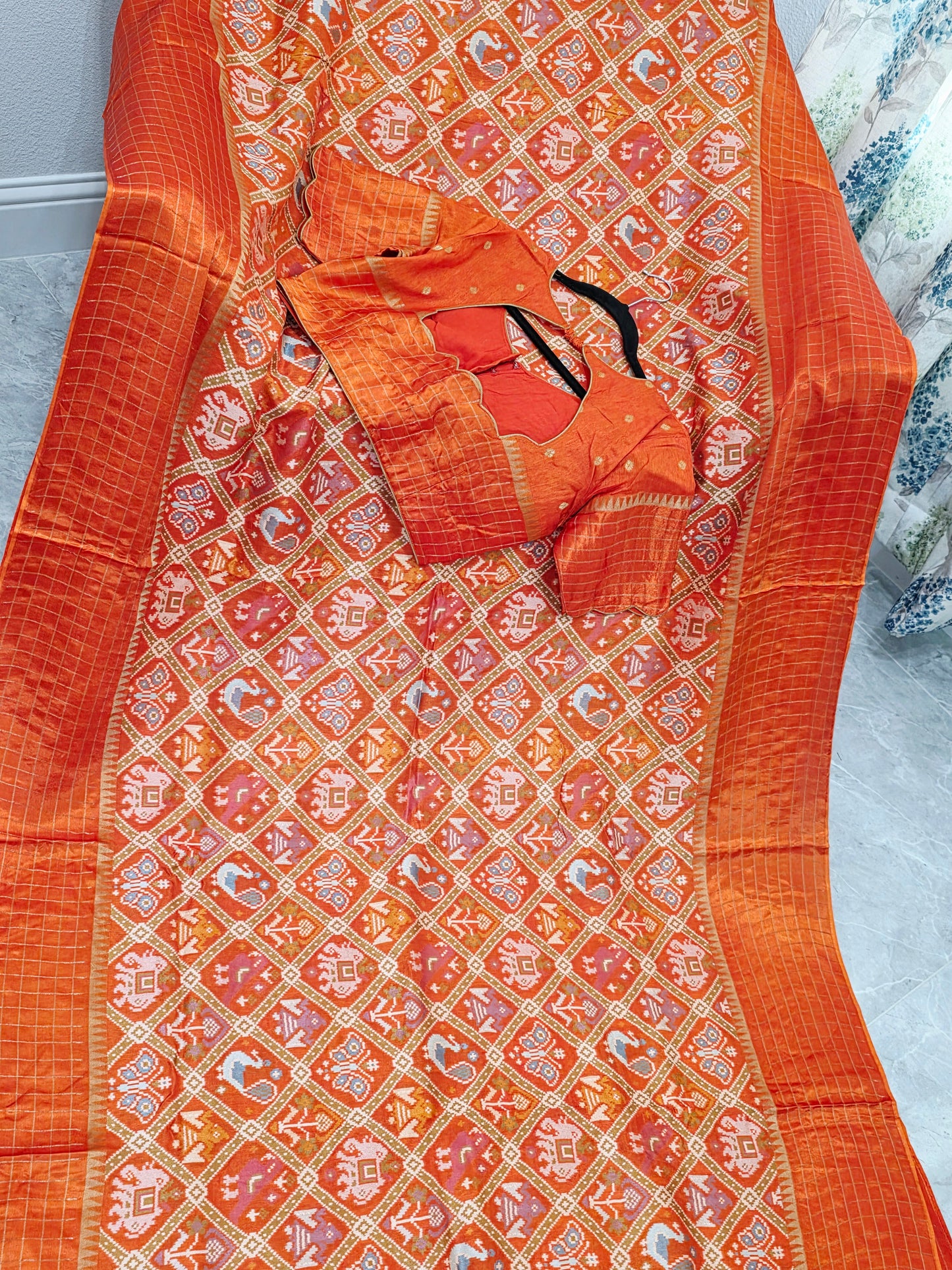 Burnt Orange Benarasi Crepe Silk Patola Designer Saree with Stitched Blouse