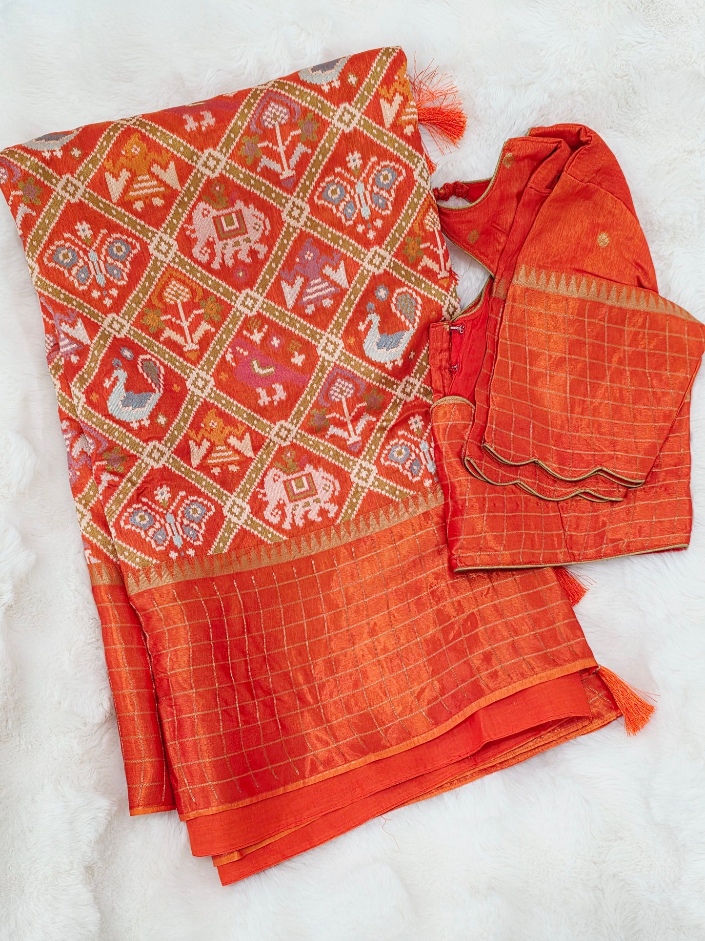 Burnt Orange Benarasi Crepe Silk Patola Designer Saree with Stitched Blouse