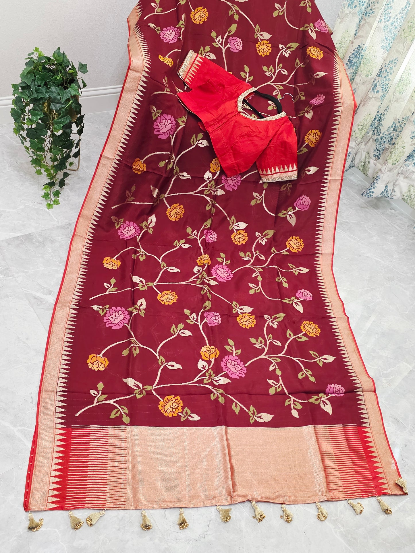 Chocolate Burgundy Brown Jamdani Weave Maheswari Silk Style Saree with Ready Blouse