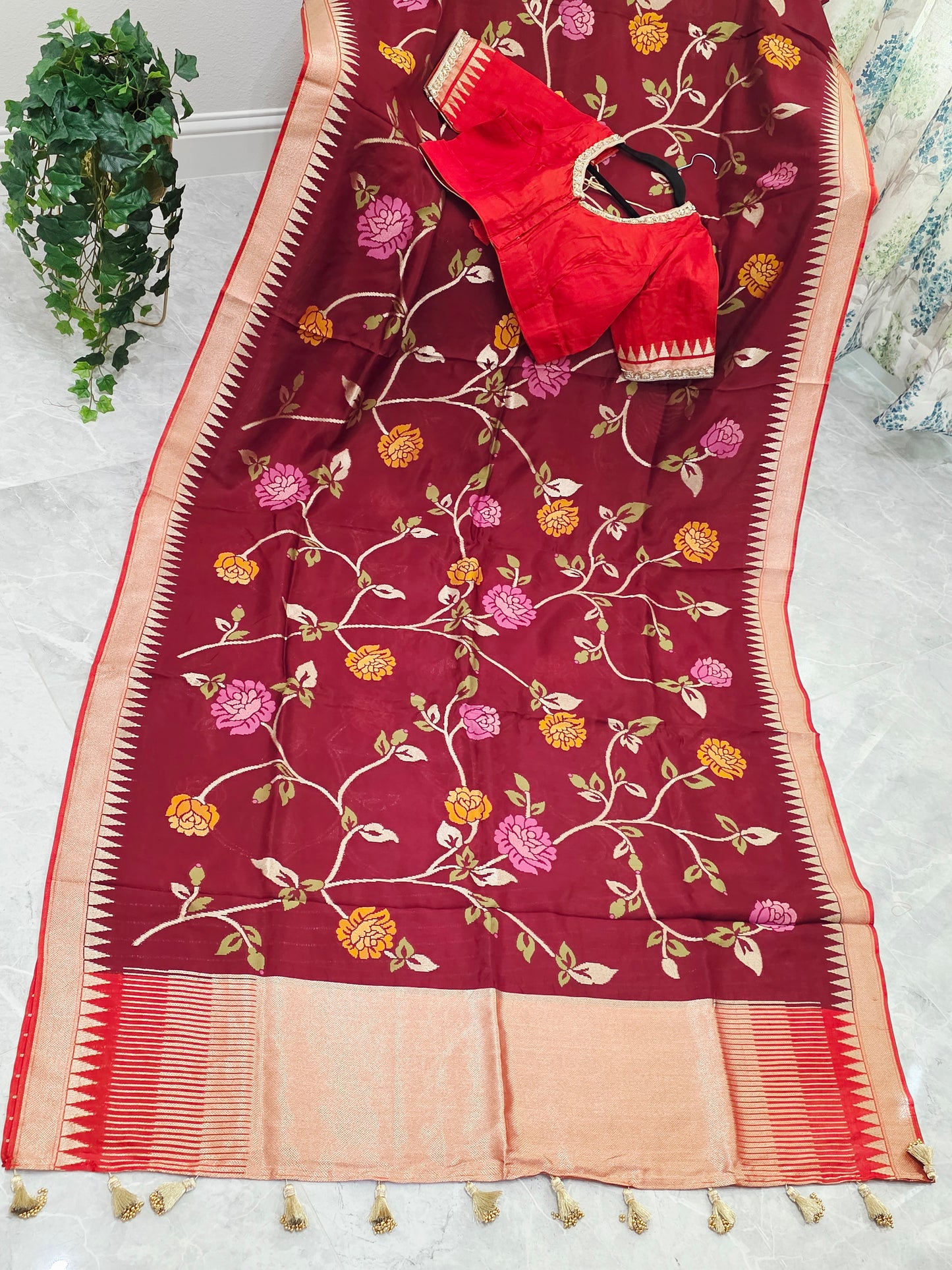 Chocolate Burgundy Brown Jamdani Weave Maheswari Silk Style Saree with Ready Blouse