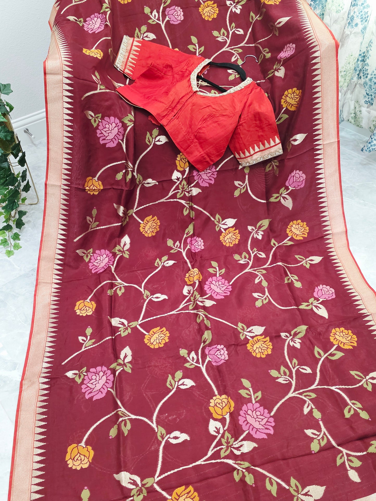 Chocolate Burgundy Brown Jamdani Weave Maheswari Silk Style Saree with Ready Blouse