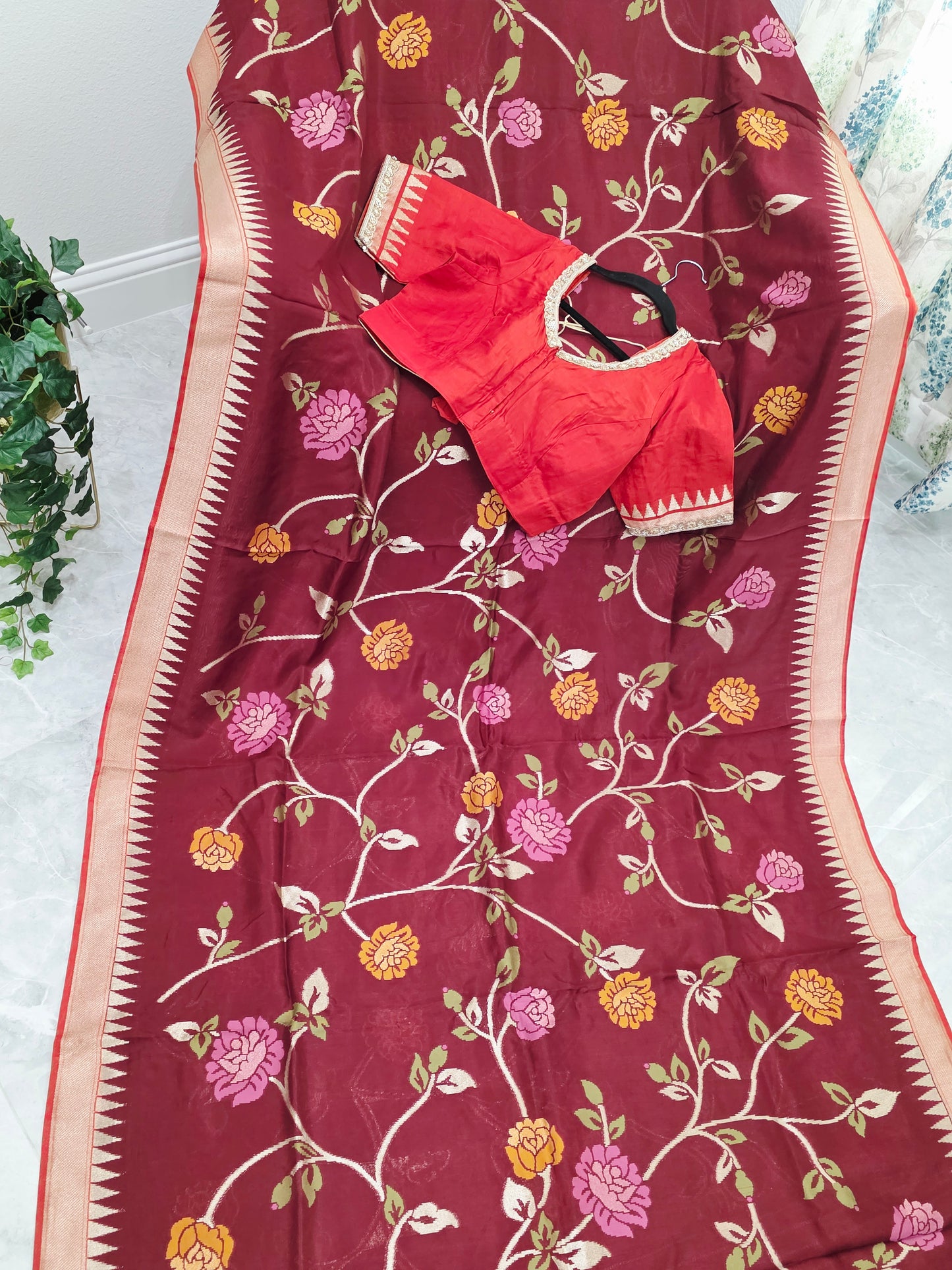 Chocolate Burgundy Brown Jamdani Weave Maheswari Silk Style Saree with Ready Blouse