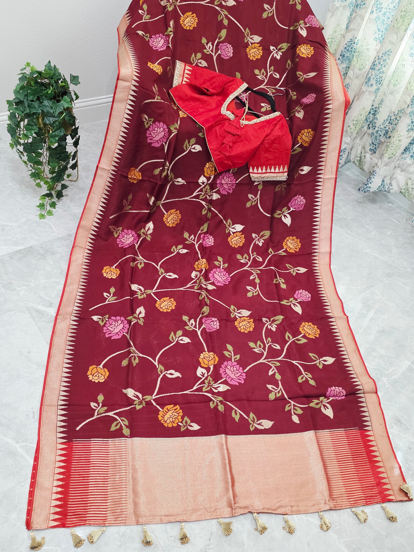 Chocolate Burgundy Brown Jamdani Weave Maheswari Silk Style Saree with Ready Blouse