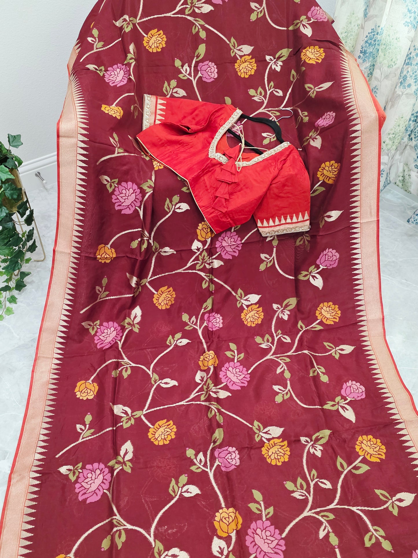 Chocolate Burgundy Brown Jamdani Weave Maheswari Silk Style Saree with Ready Blouse