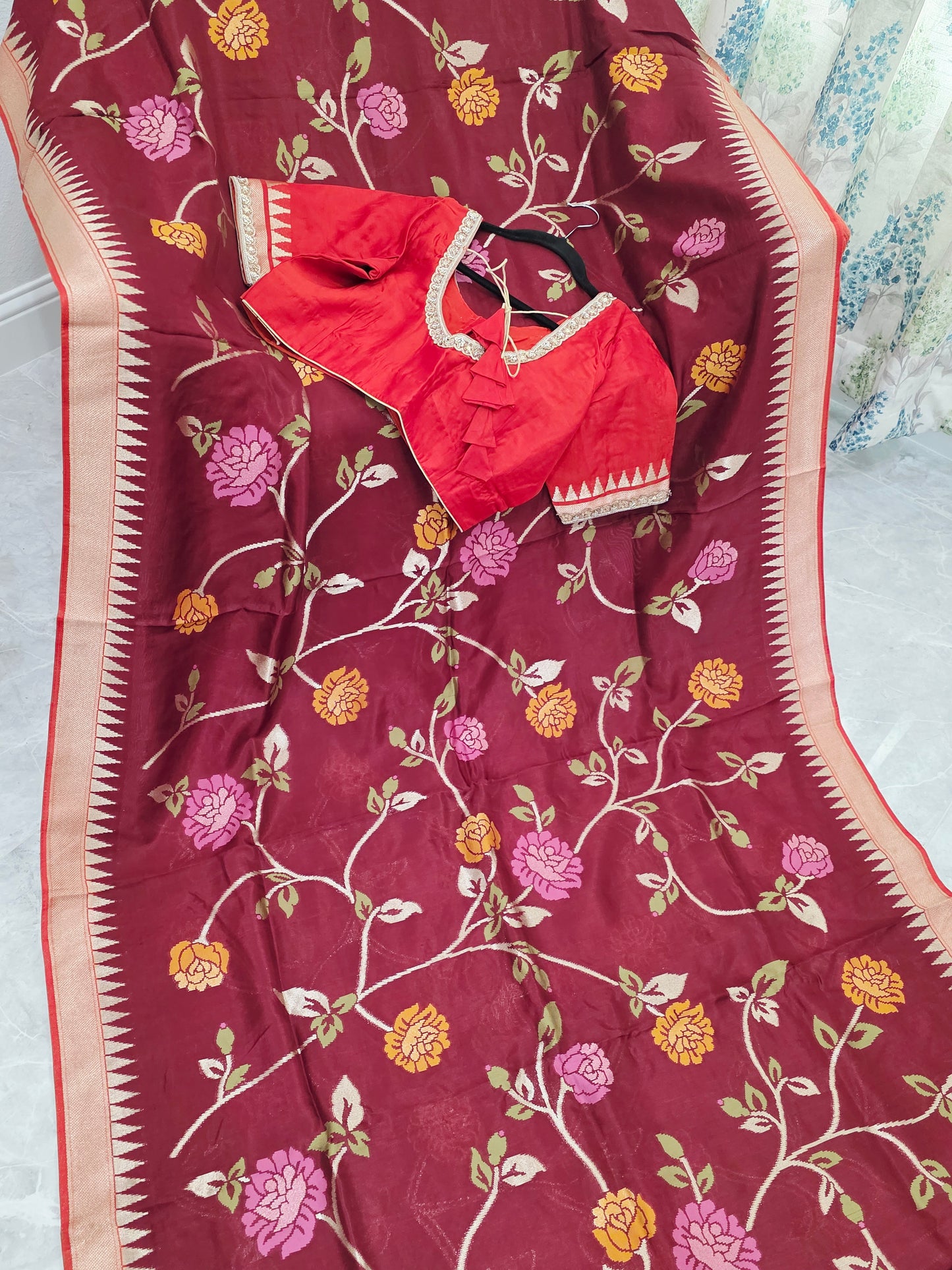 Chocolate Burgundy Brown Jamdani Weave Maheswari Silk Style Saree with Ready Blouse