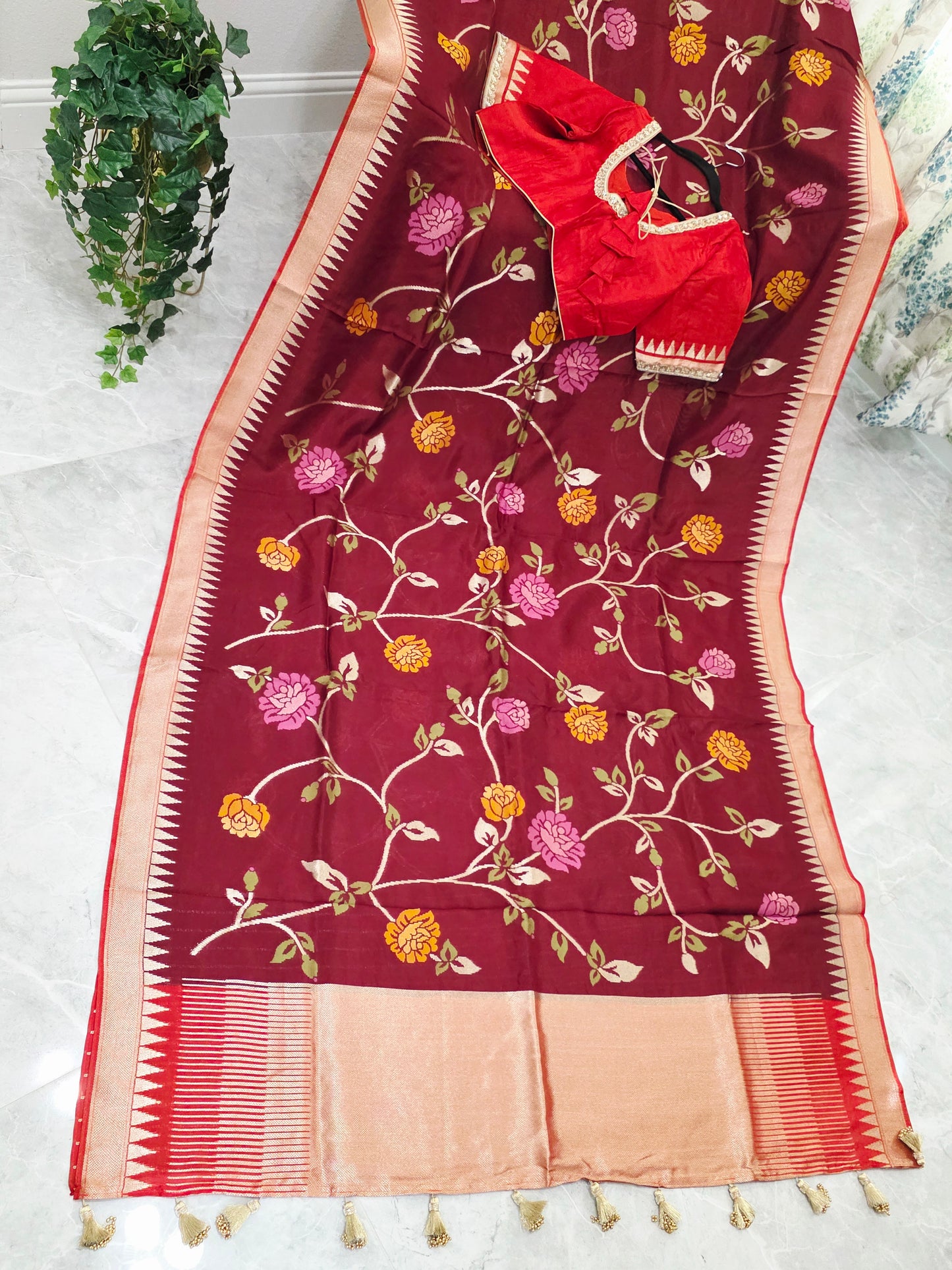 Chocolate Burgundy Brown Jamdani Weave Maheswari Silk Style Saree with Ready Blouse