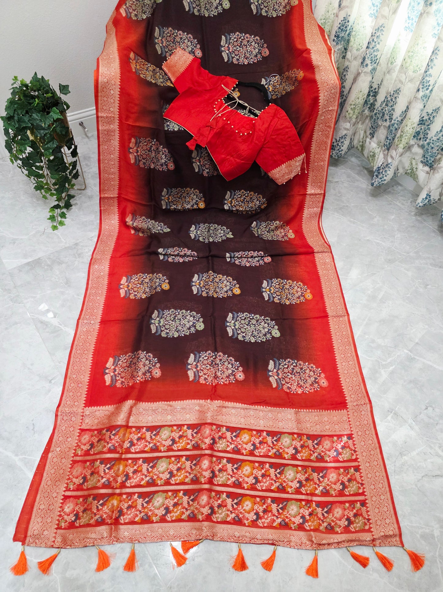Coffee Brown & Rust Orange Chanderi Linen Benarasi Saree with Stitched Blouse