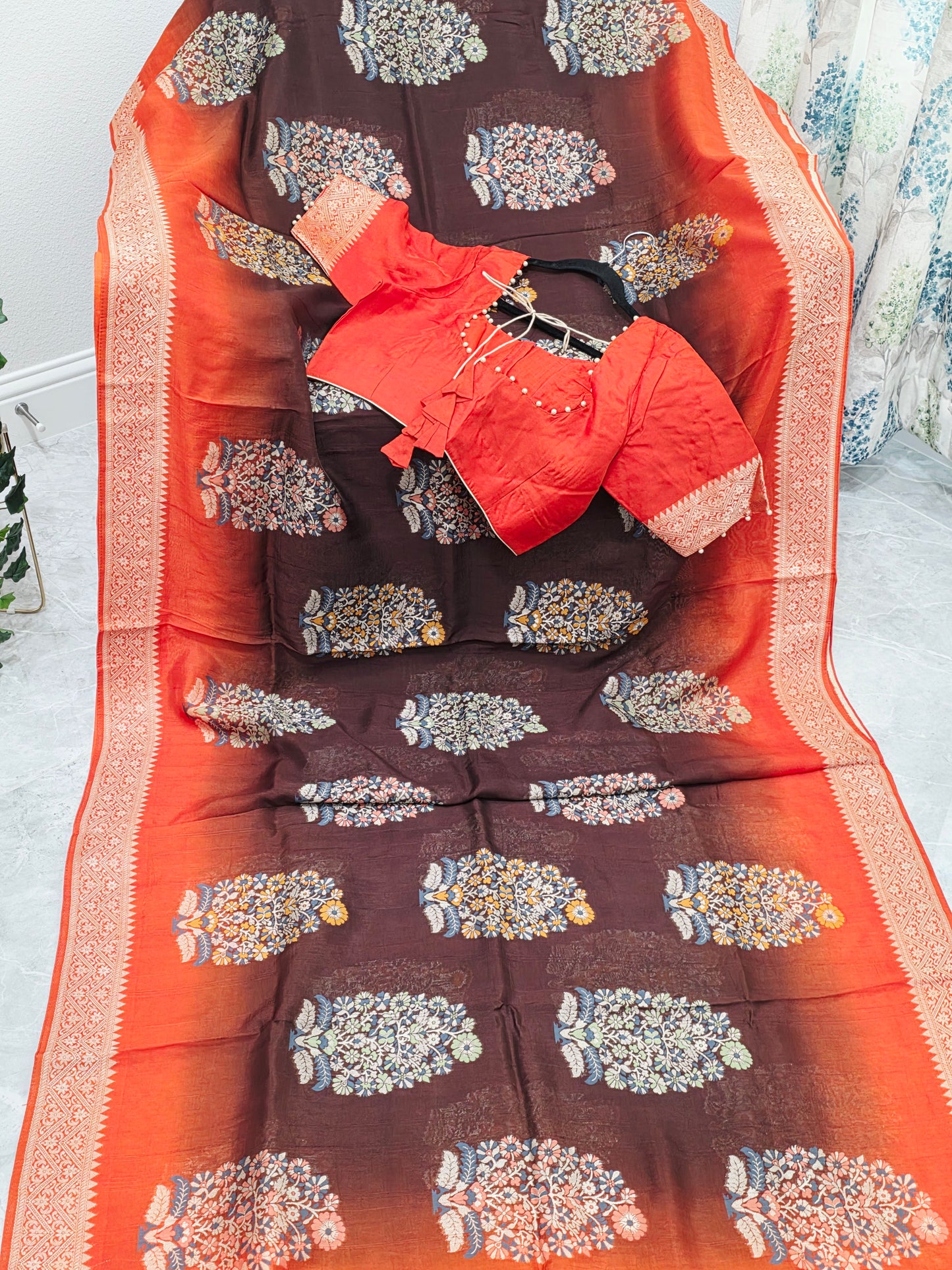 Coffee Brown & Rust Orange Chanderi Linen Benarasi Saree with Stitched Blouse