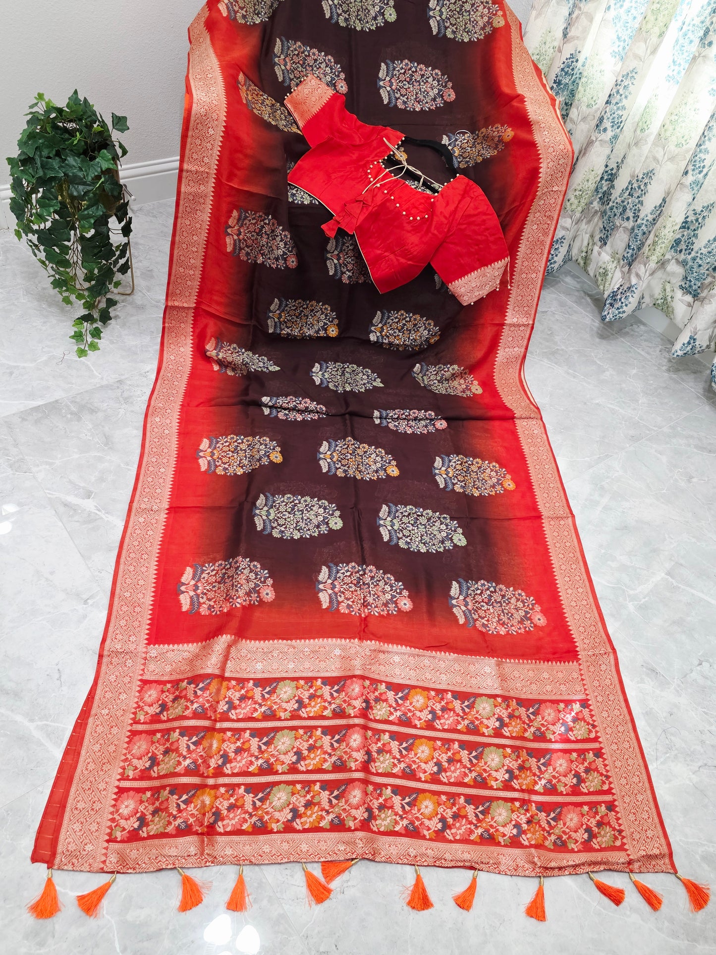 Coffee Brown & Rust Orange Chanderi Linen Benarasi Saree with Stitched Blouse