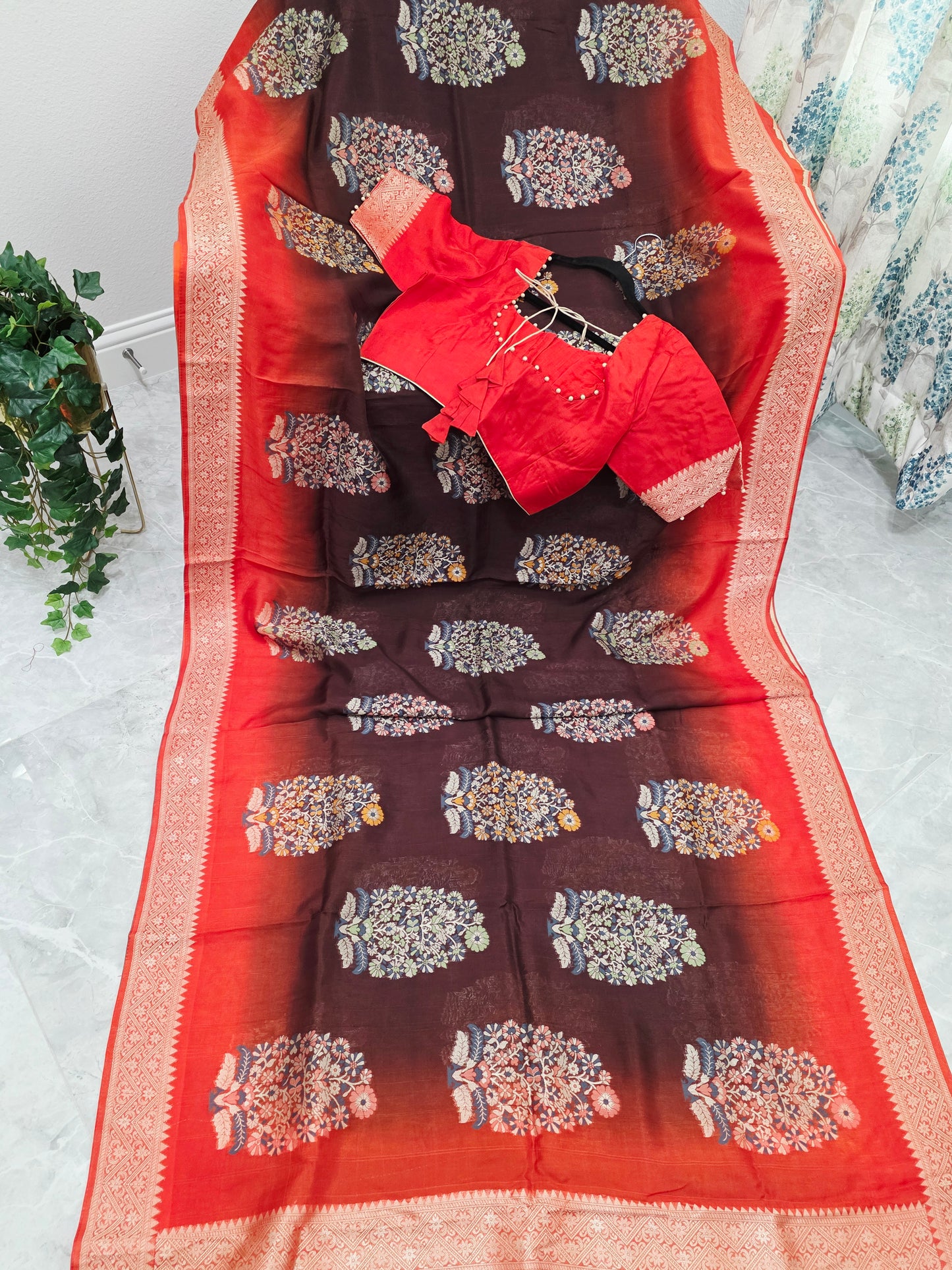 Coffee Brown & Rust Orange Chanderi Linen Benarasi Saree with Stitched Blouse