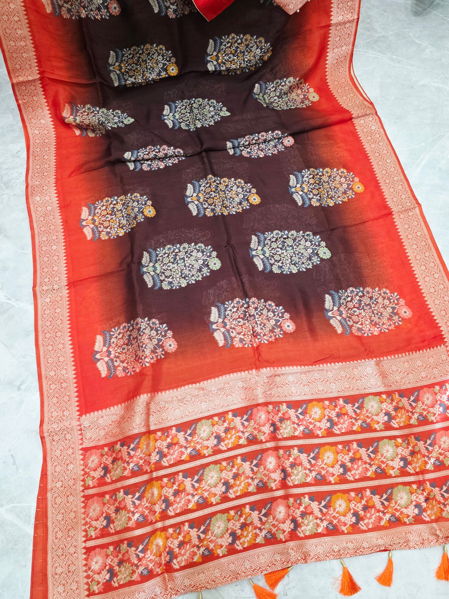 Coffee Brown & Rust Orange Chanderi Linen Benarasi Saree with Stitched Blouse