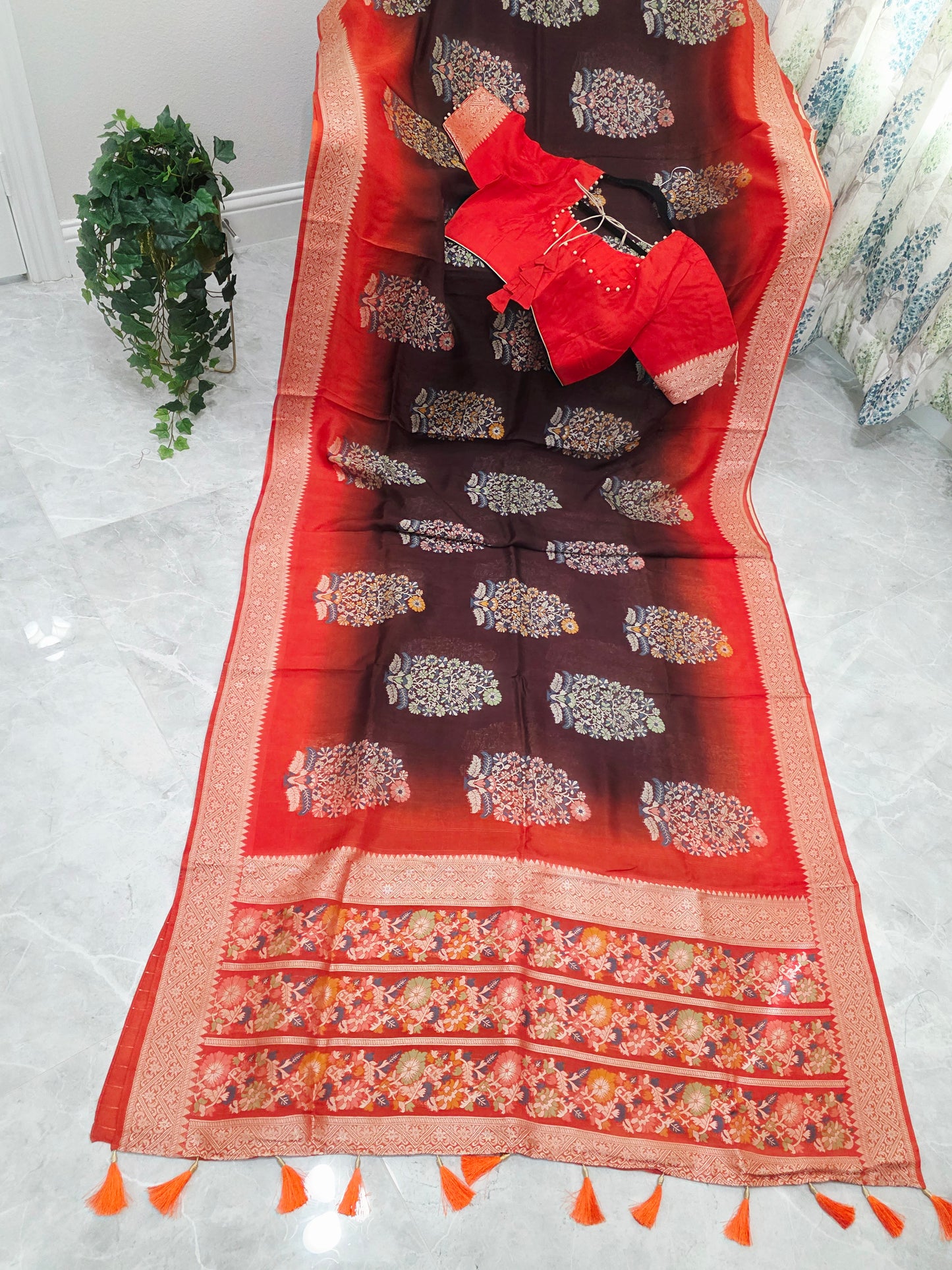 Coffee Brown & Rust Orange Chanderi Linen Benarasi Saree with Stitched Blouse