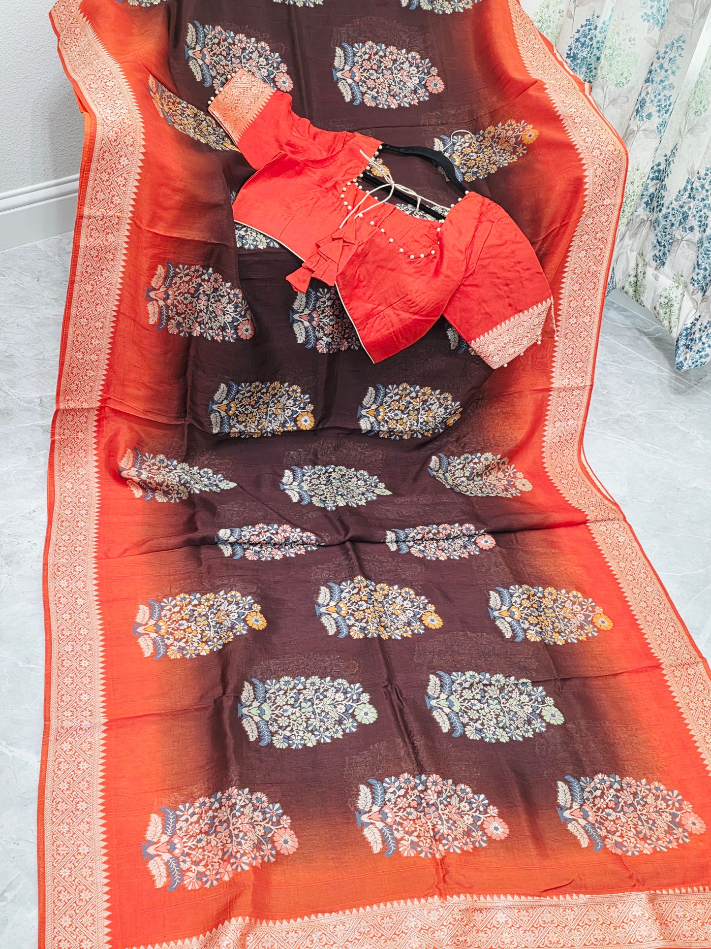 Coffee Brown & Rust Orange Chanderi Linen Benarasi Saree with Stitched Blouse
