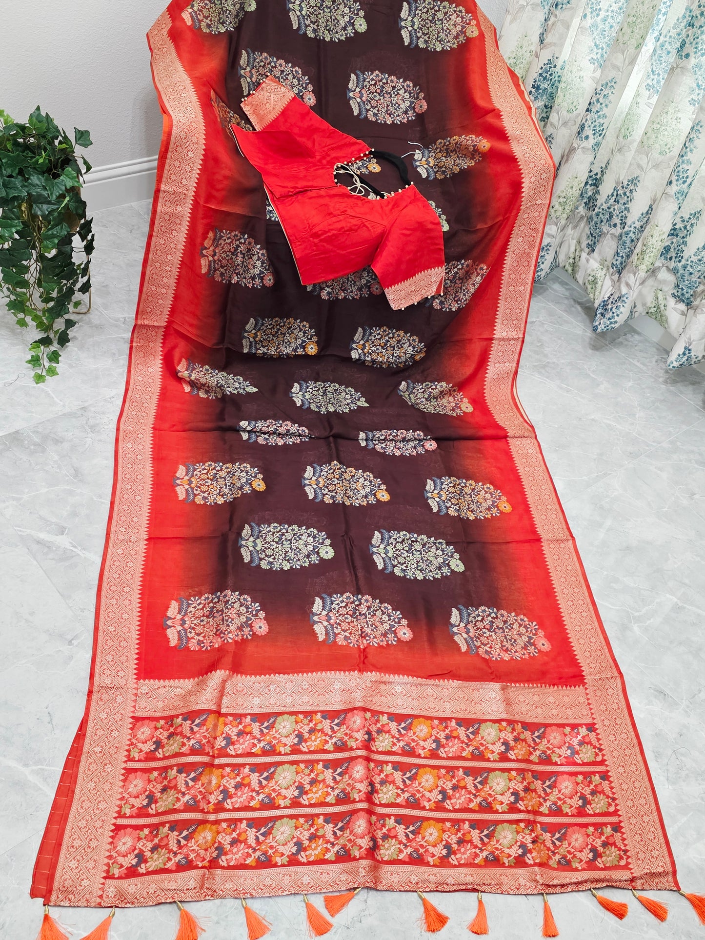 Coffee Brown & Rust Orange Chanderi Linen Benarasi Saree with Stitched Blouse