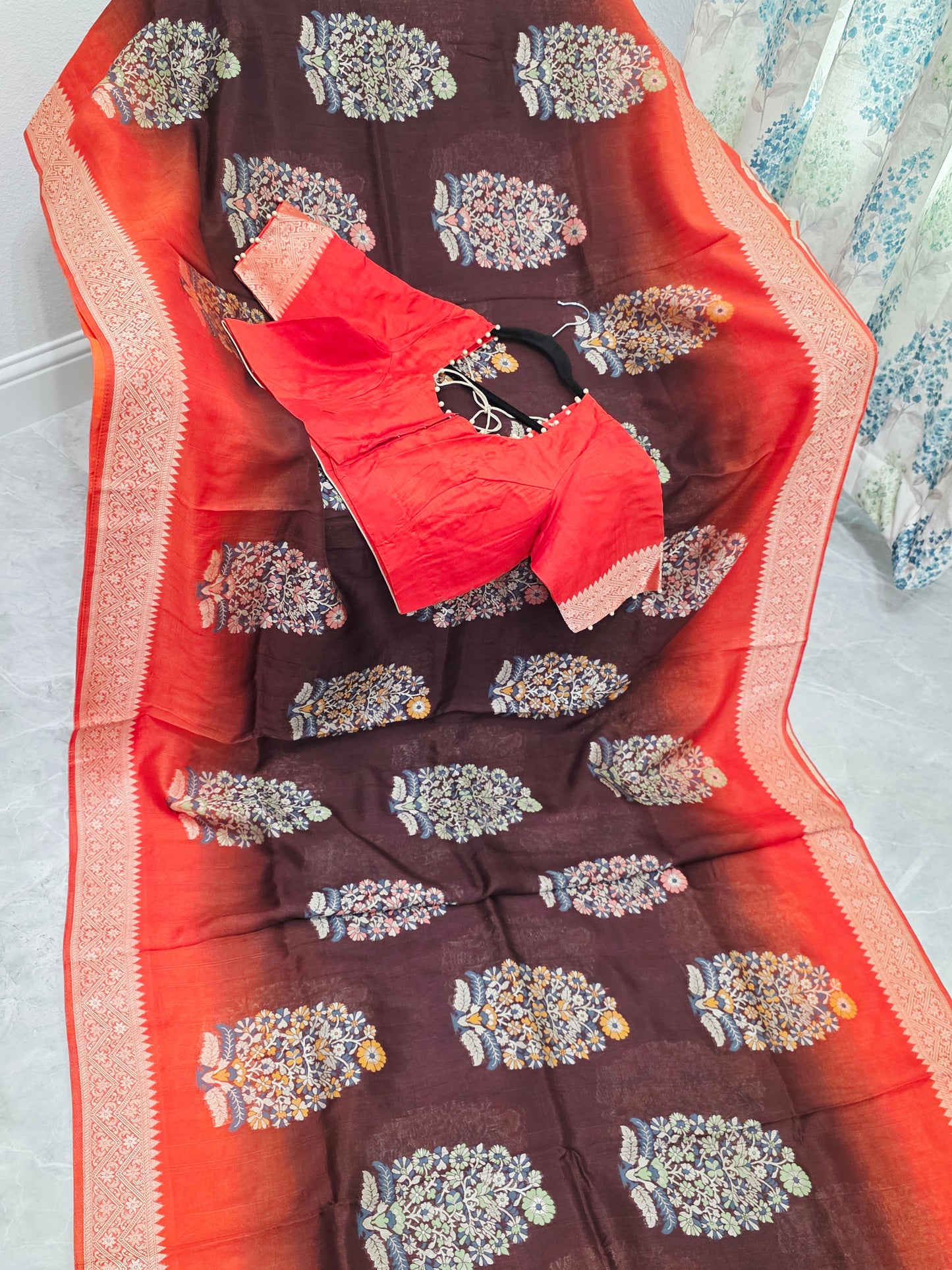 Coffee Brown & Rust Orange Chanderi Linen Benarasi Saree with Stitched Blouse