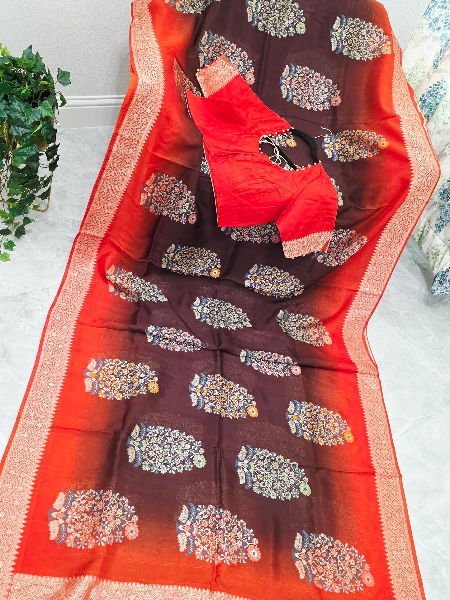 Coffee Brown & Rust Orange Chanderi Linen Benarasi Saree with Stitched Blouse