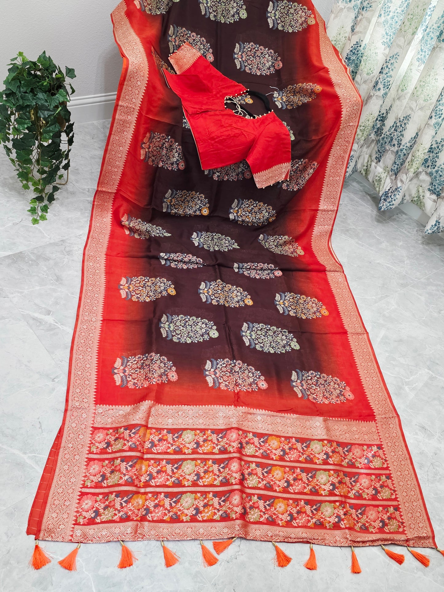 Coffee Brown & Rust Orange Chanderi Linen Benarasi Saree with Stitched Blouse