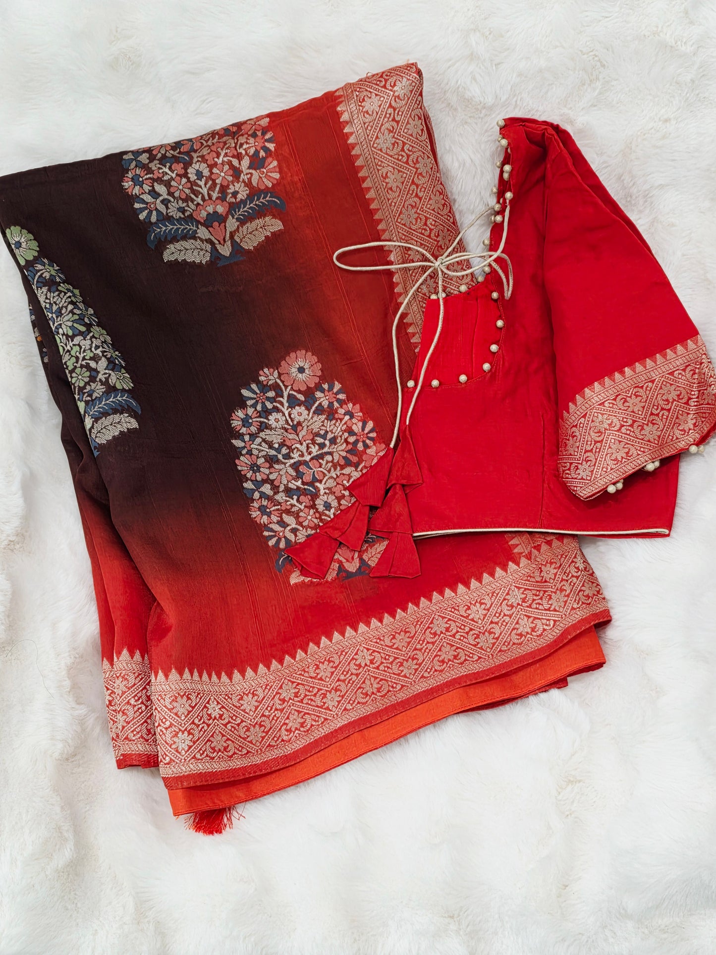 Coffee Brown & Rust Orange Chanderi Linen Benarasi Saree with Stitched Blouse