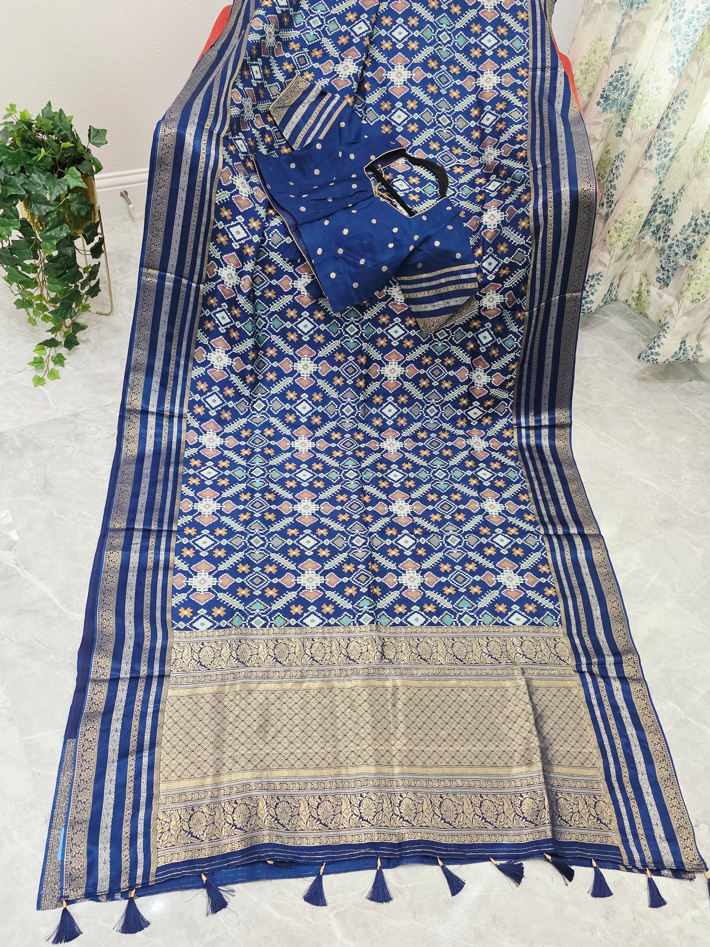 Royal Navy Blue & Antique Gold Benarasi Crepe Silk Patola Designer Saree with Stitched Blouse