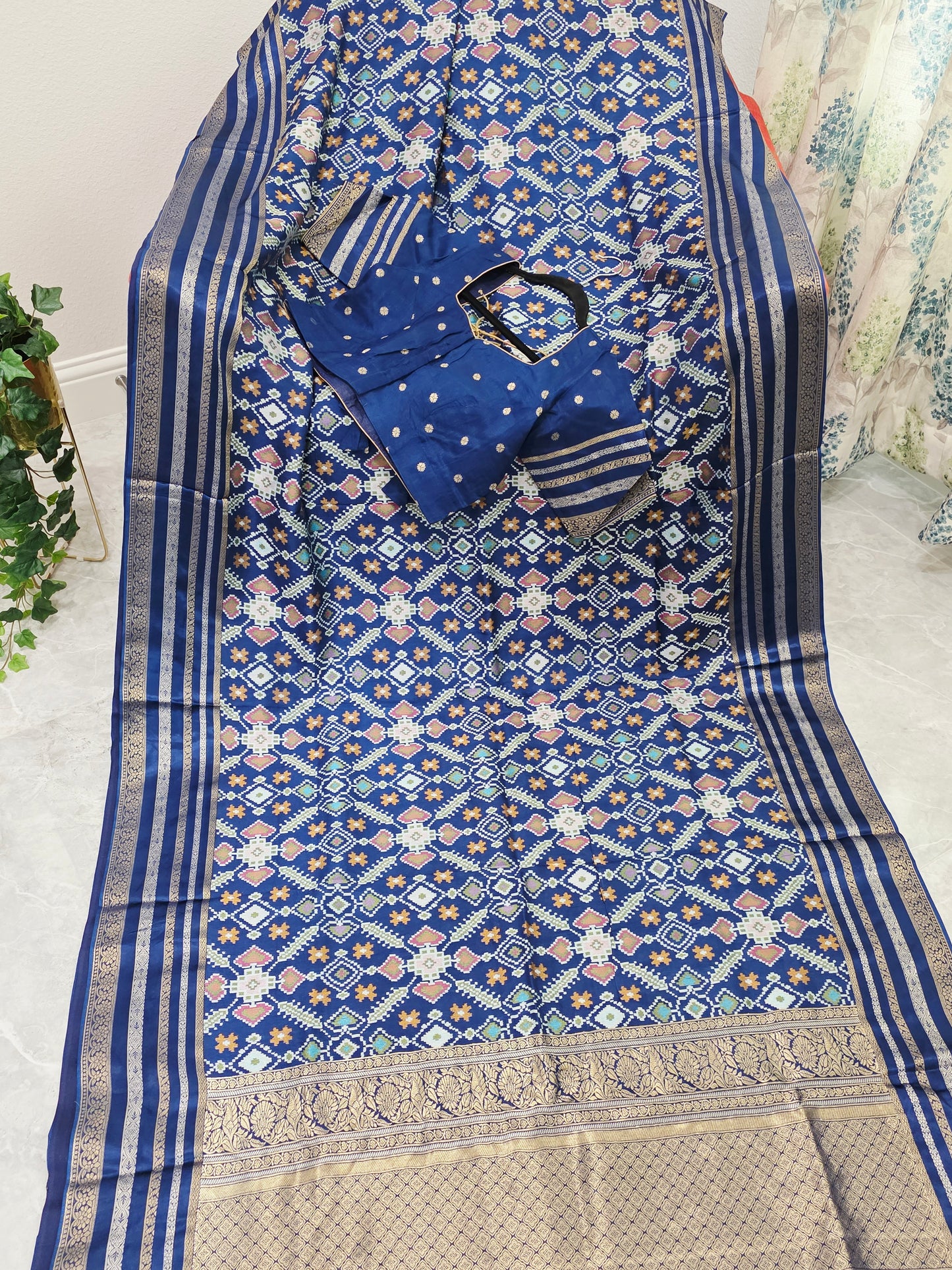 Royal Navy Blue & Antique Gold Benarasi Crepe Silk Patola Designer Saree with Stitched Blouse
