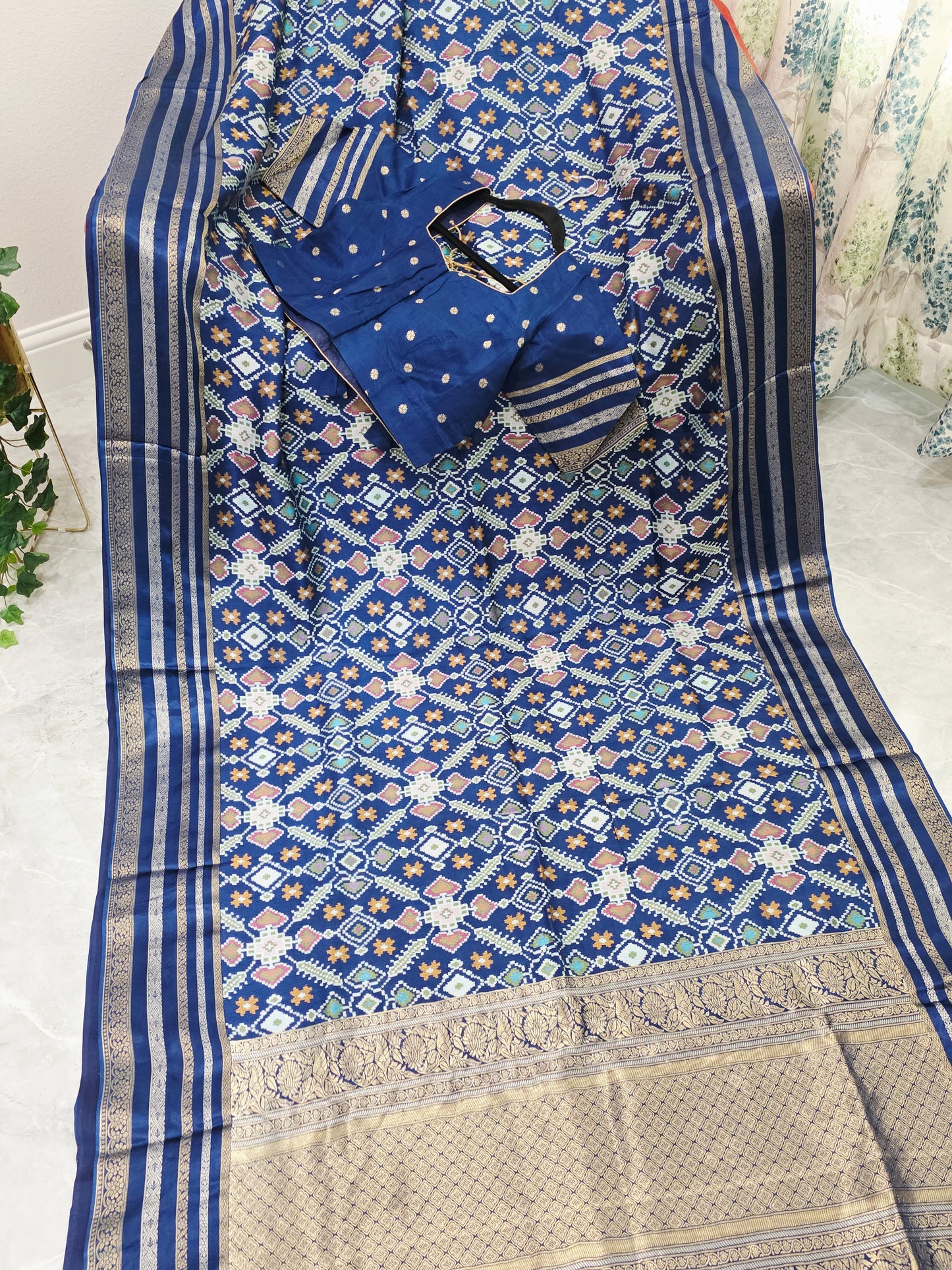 Royal Navy Blue & Antique Gold Benarasi Crepe Silk Patola Designer Saree with Stitched Blouse