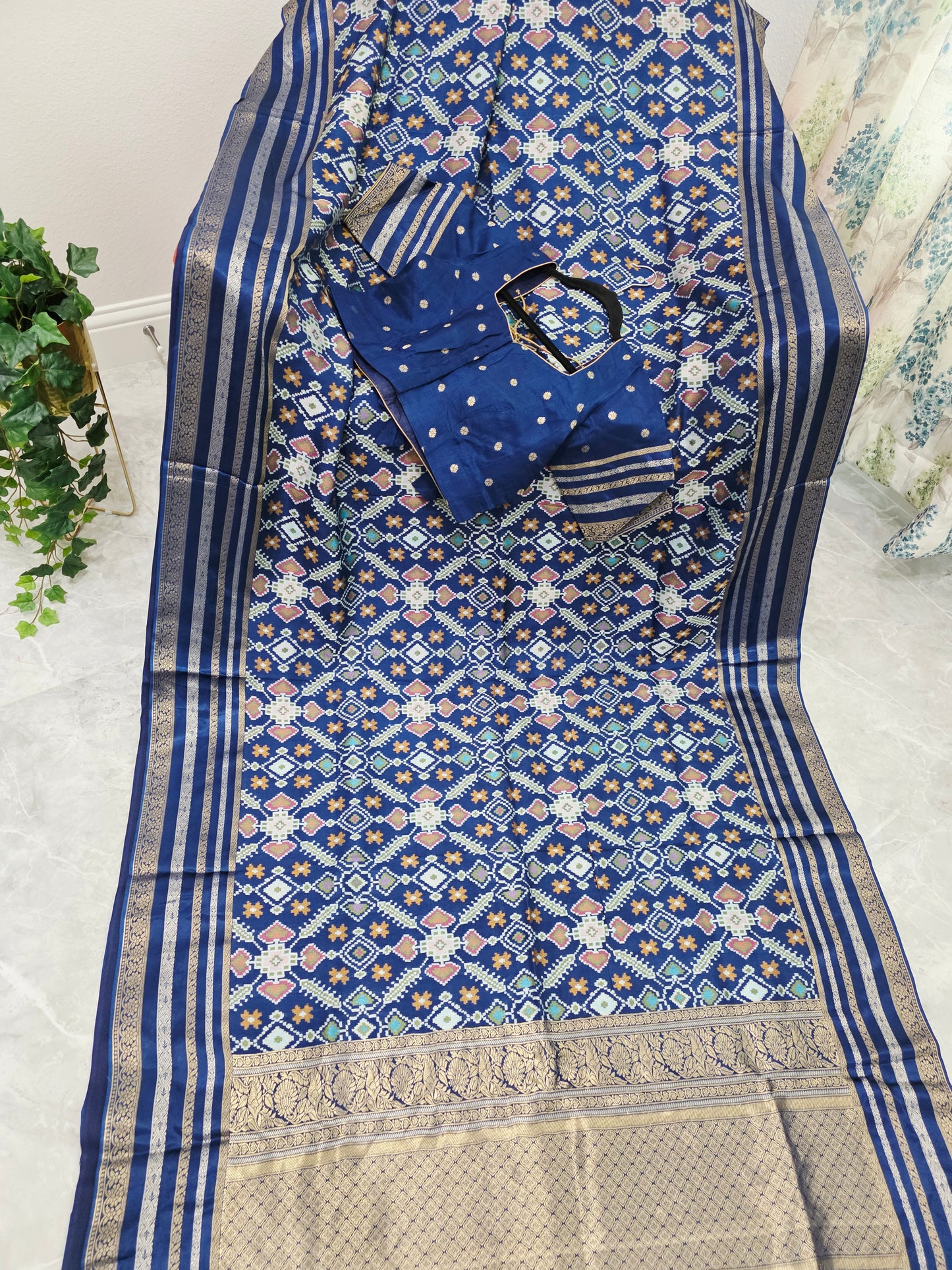 Royal Navy Blue & Antique Gold Benarasi Crepe Silk Patola Designer Saree with Stitched Blouse