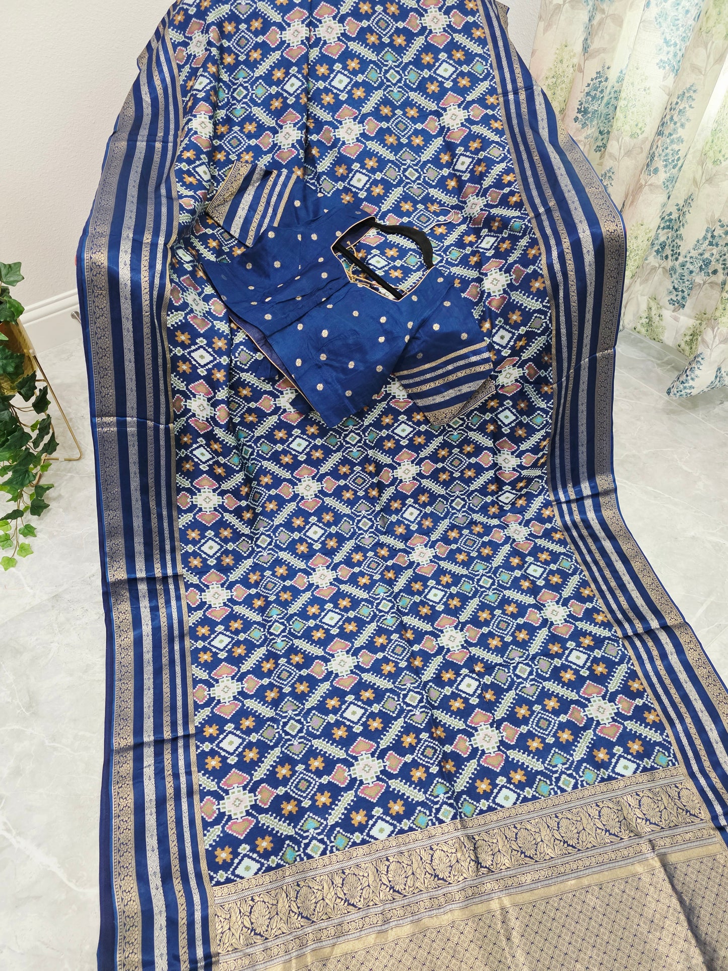 Royal Navy Blue & Antique Gold Benarasi Crepe Silk Patola Designer Saree with Stitched Blouse