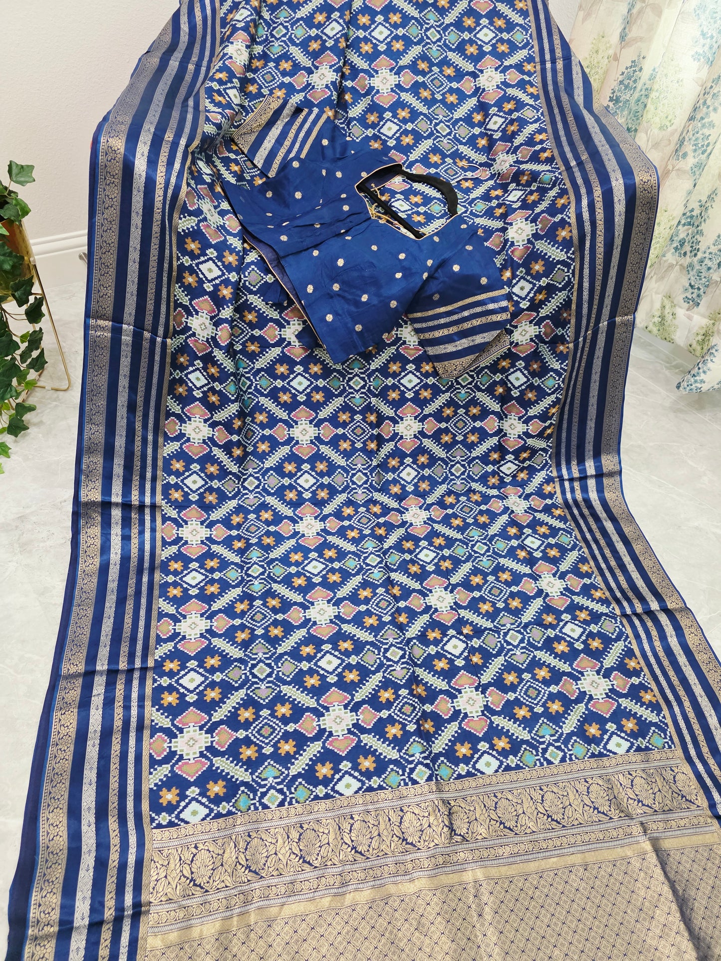 Royal Navy Blue & Antique Gold Benarasi Crepe Silk Patola Designer Saree with Stitched Blouse