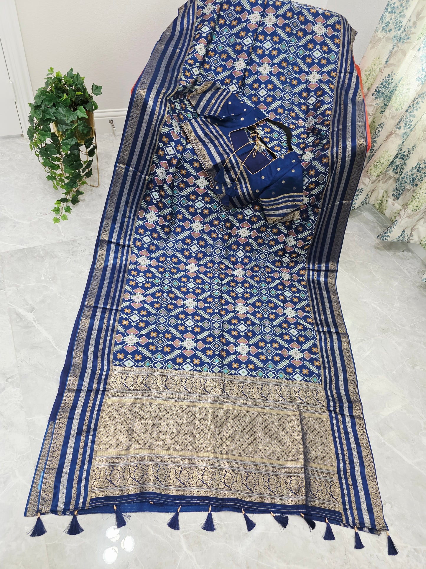 Royal Navy Blue & Antique Gold Benarasi Crepe Silk Patola Designer Saree with Stitched Blouse