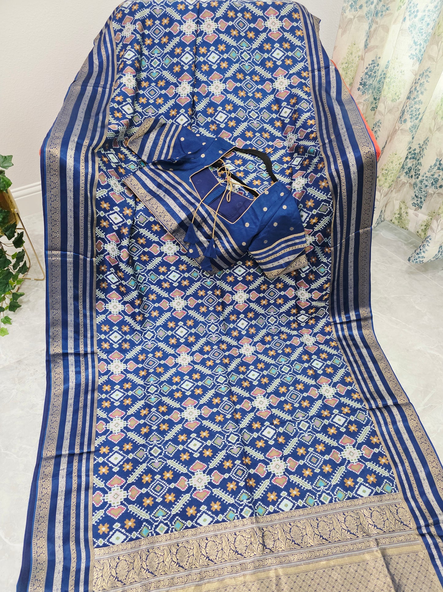 Royal Navy Blue & Antique Gold Benarasi Crepe Silk Patola Designer Saree with Stitched Blouse