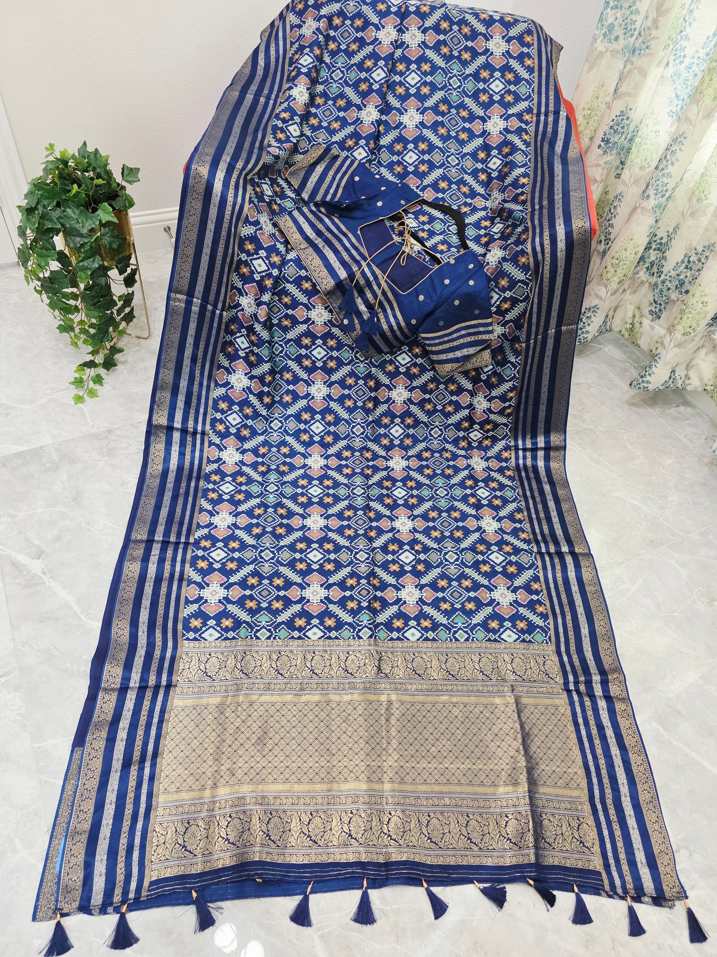 Royal Navy Blue & Antique Gold Benarasi Crepe Silk Patola Designer Saree with Stitched Blouse